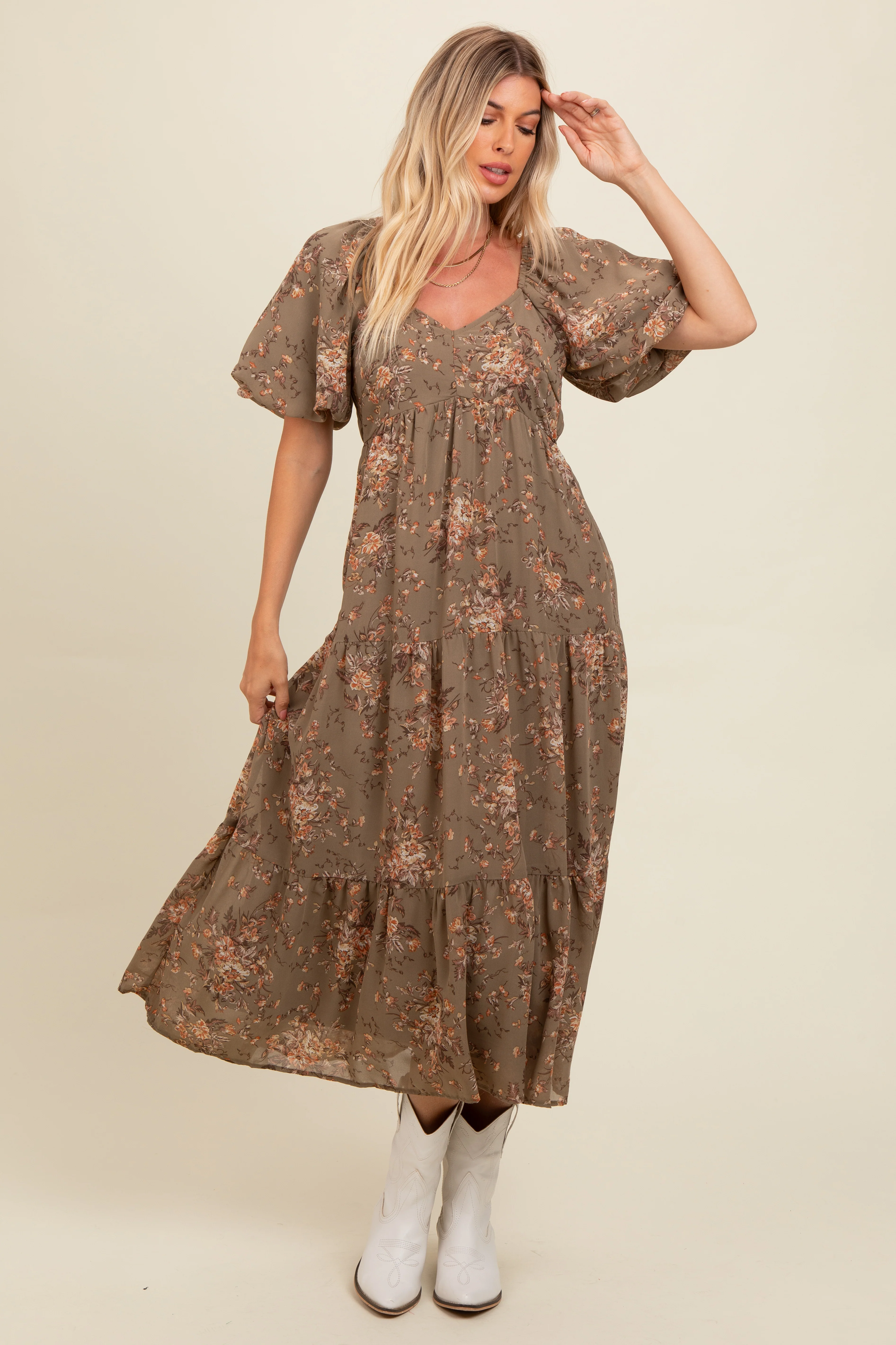 Olive Floral Tiered Puff Sleeve Maxi Dress - Image 2