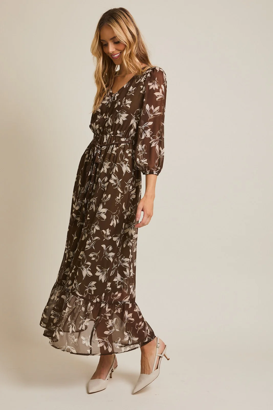 Olive Floral V-Neck Button Up Long Sleeve Maxi Dress - Image 2