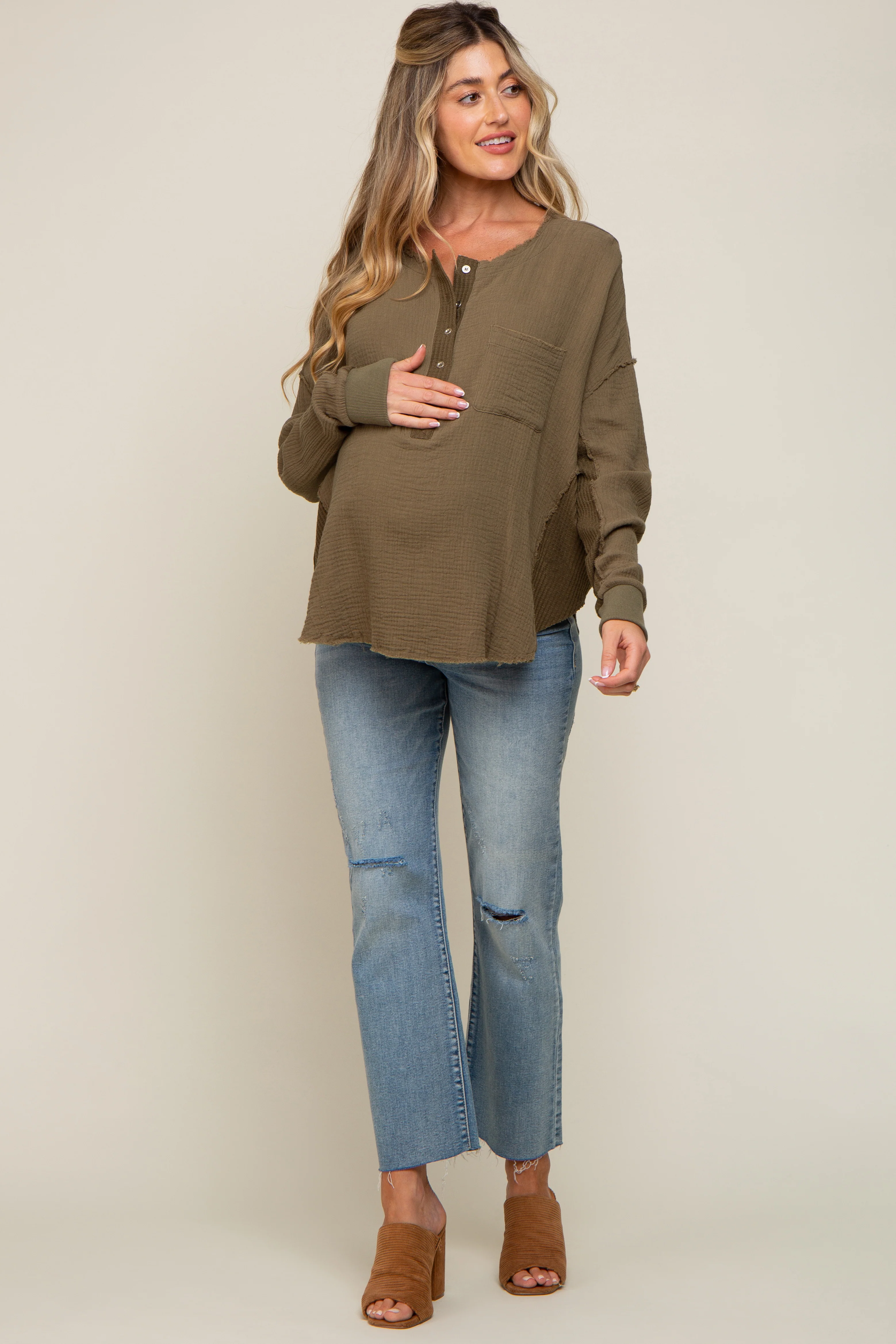Olive Front Button Drop Shoulder Long Sleeve Maternity Top - Image 3
