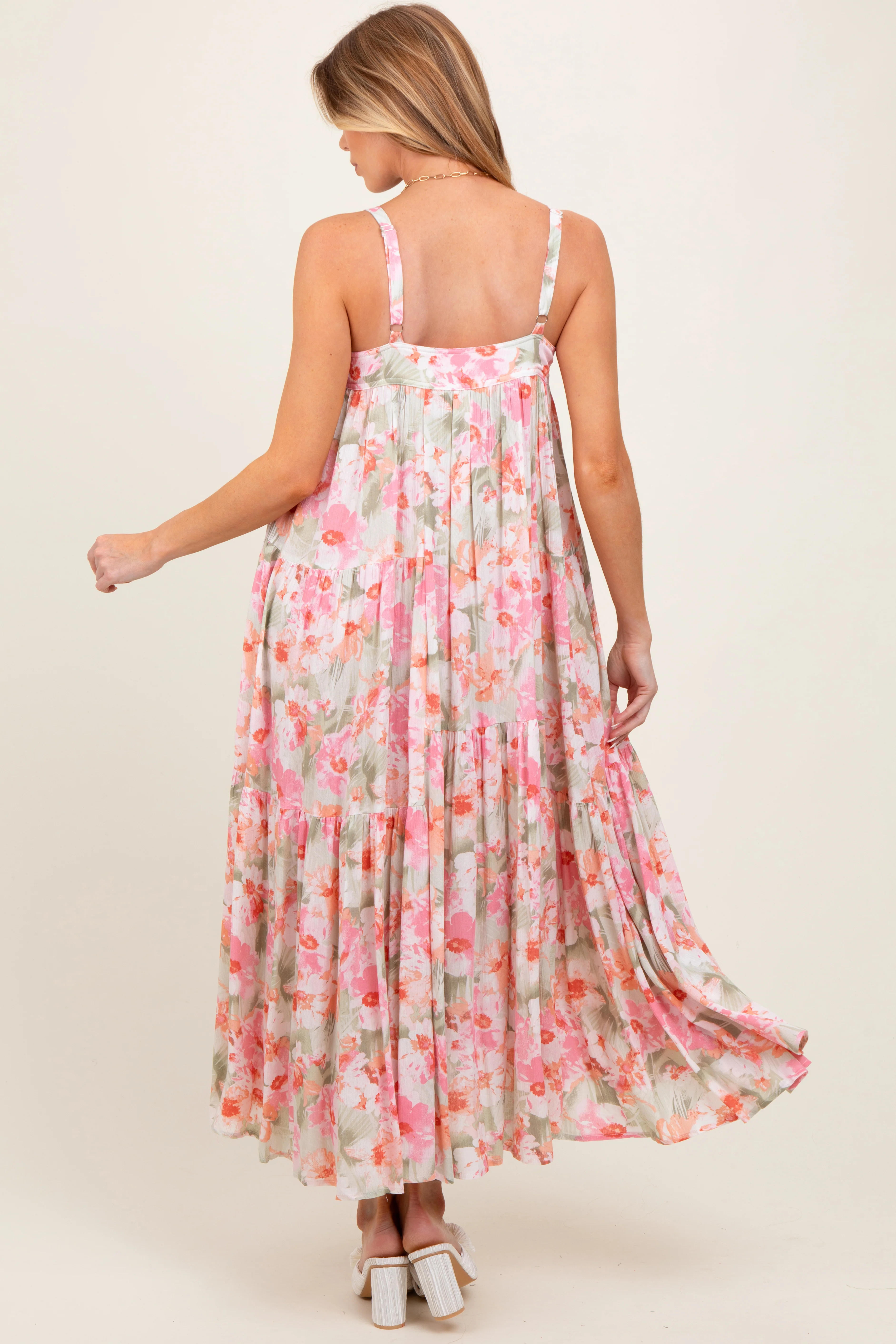 Olive/Fuchsia Tropical Floral Tiered Maternity Maxi Dress - Image 3