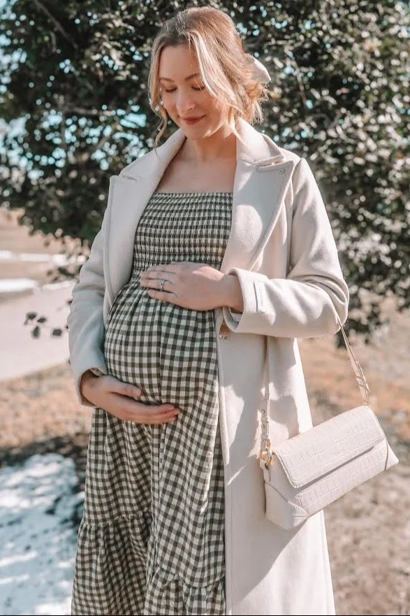Olive Gingham Long Sleeve Maternity Midi Dress - Image 5