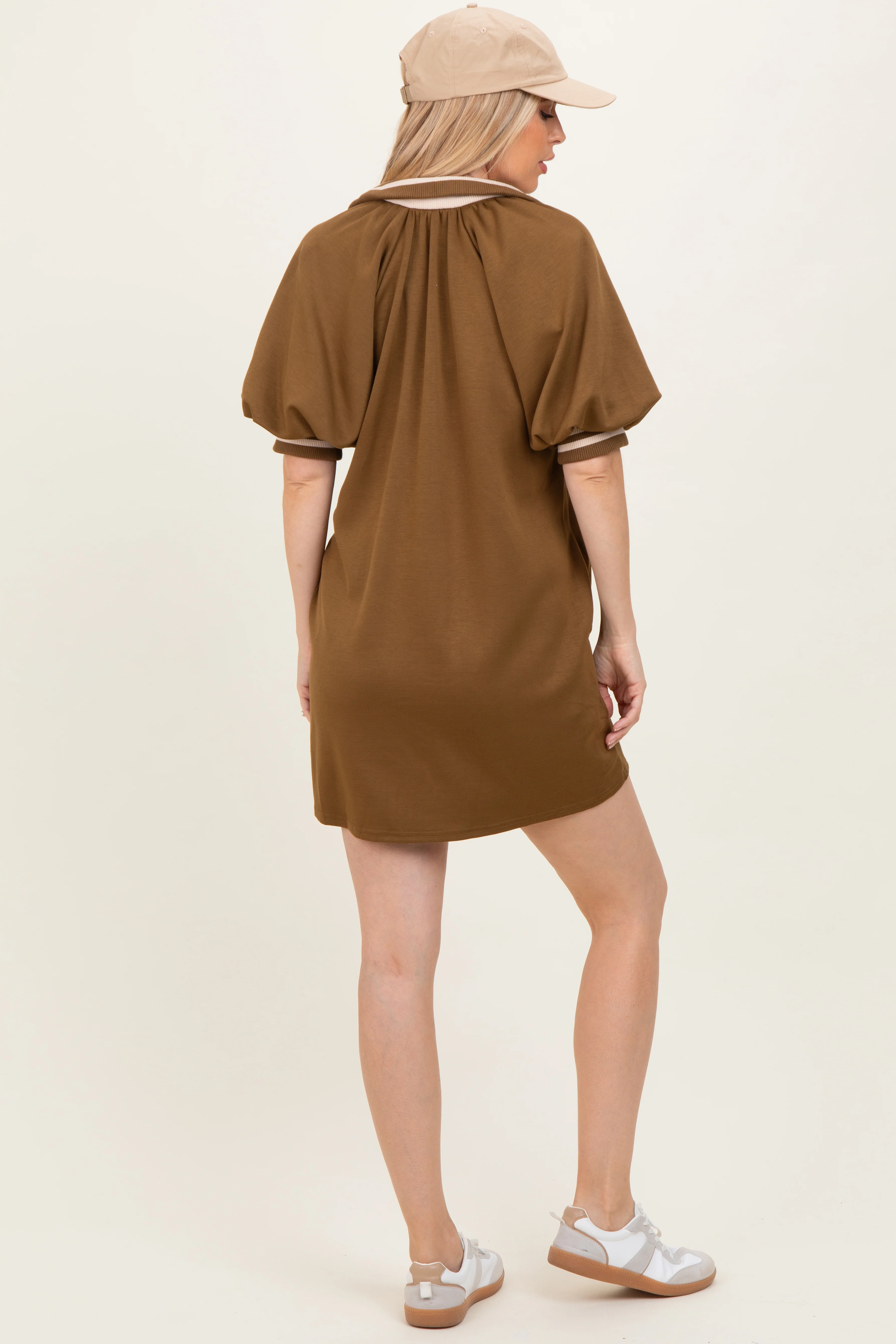 Olive Half Zip Puff Sleeve Mini Dress - Image 4