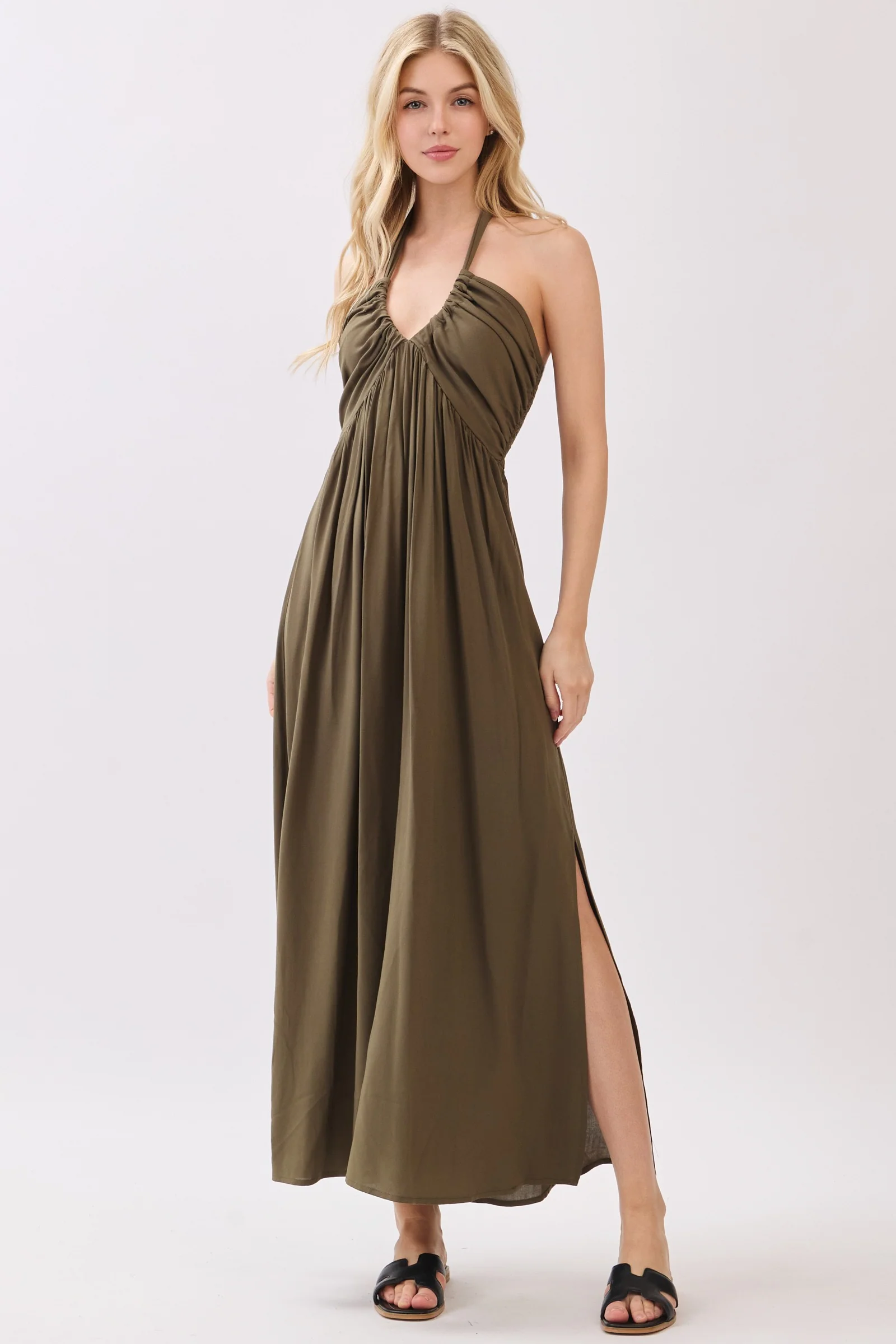 Olive Halter Neck Side Slit Maternity Midi Dress - Image 5