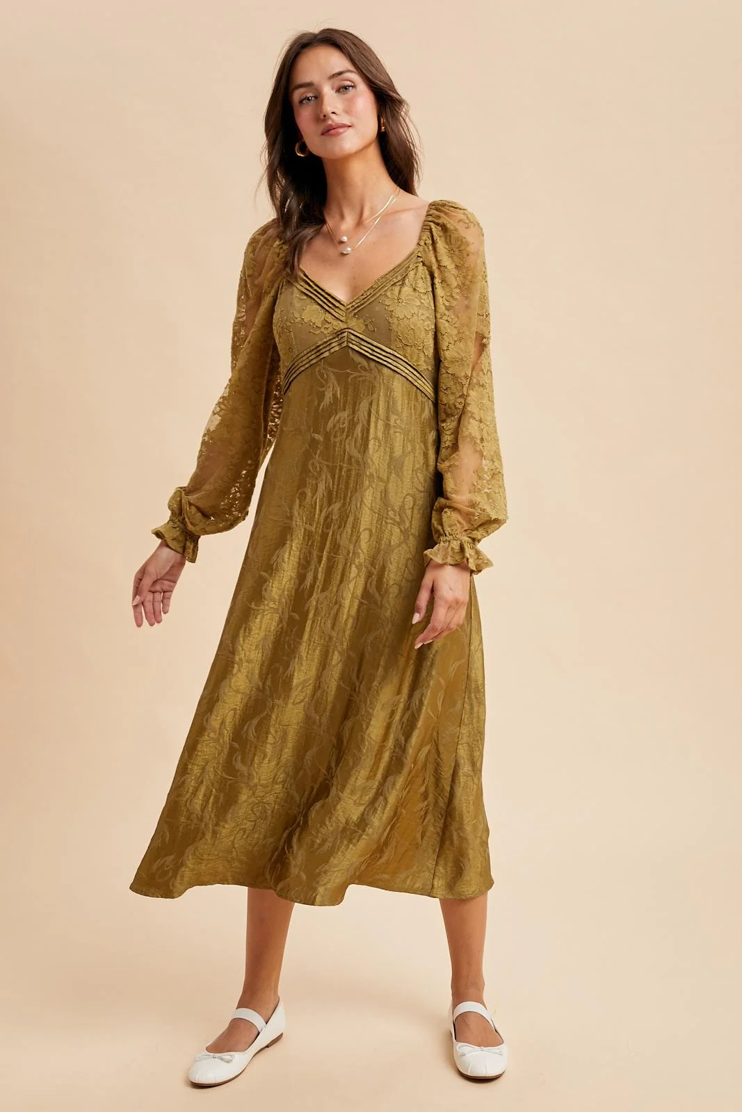 Olive Lace Jacquard Long Sleeve Maternity Midi Dress - Image 3