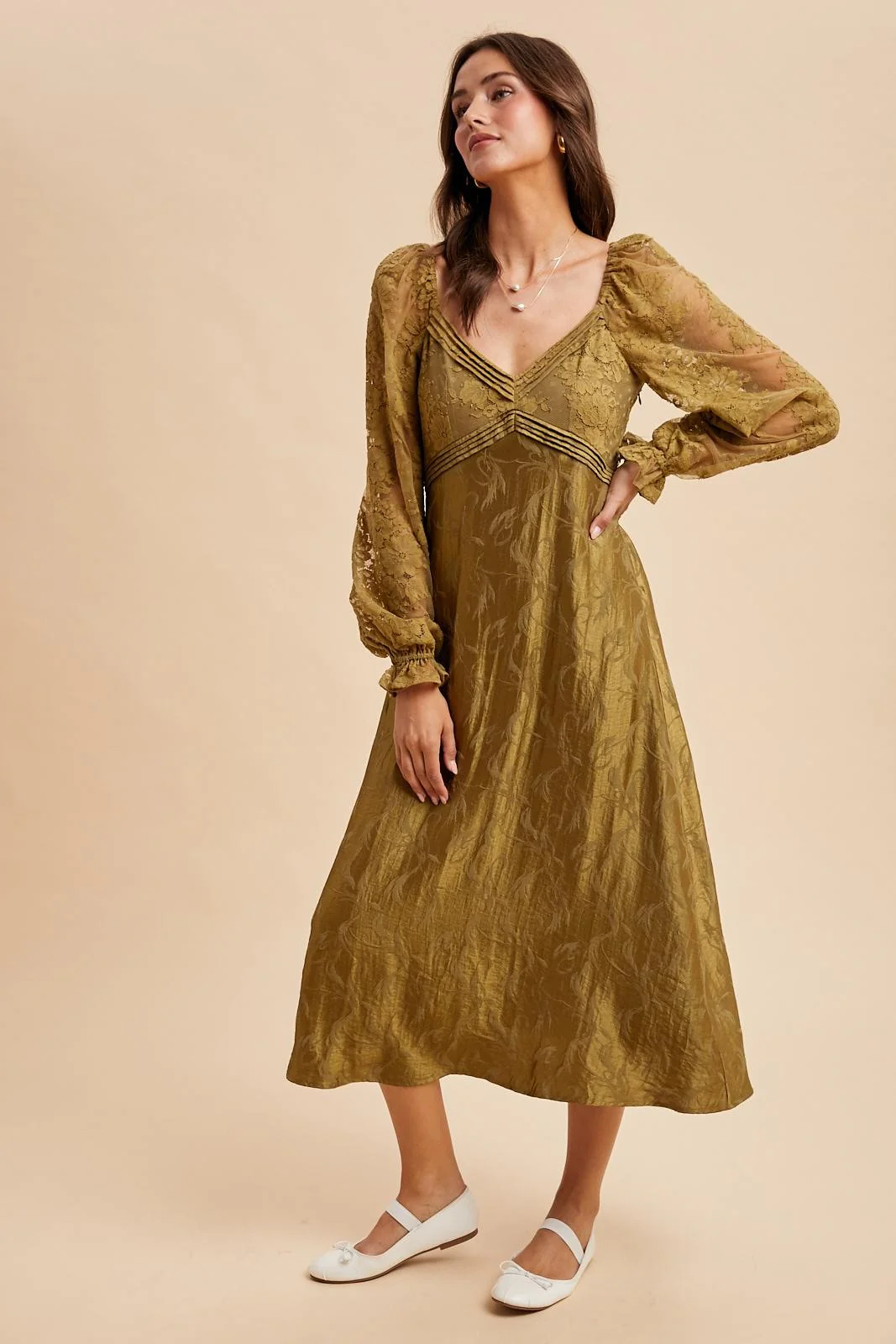 Olive Lace Jacquard Long Sleeve Midi Dress - Image 3