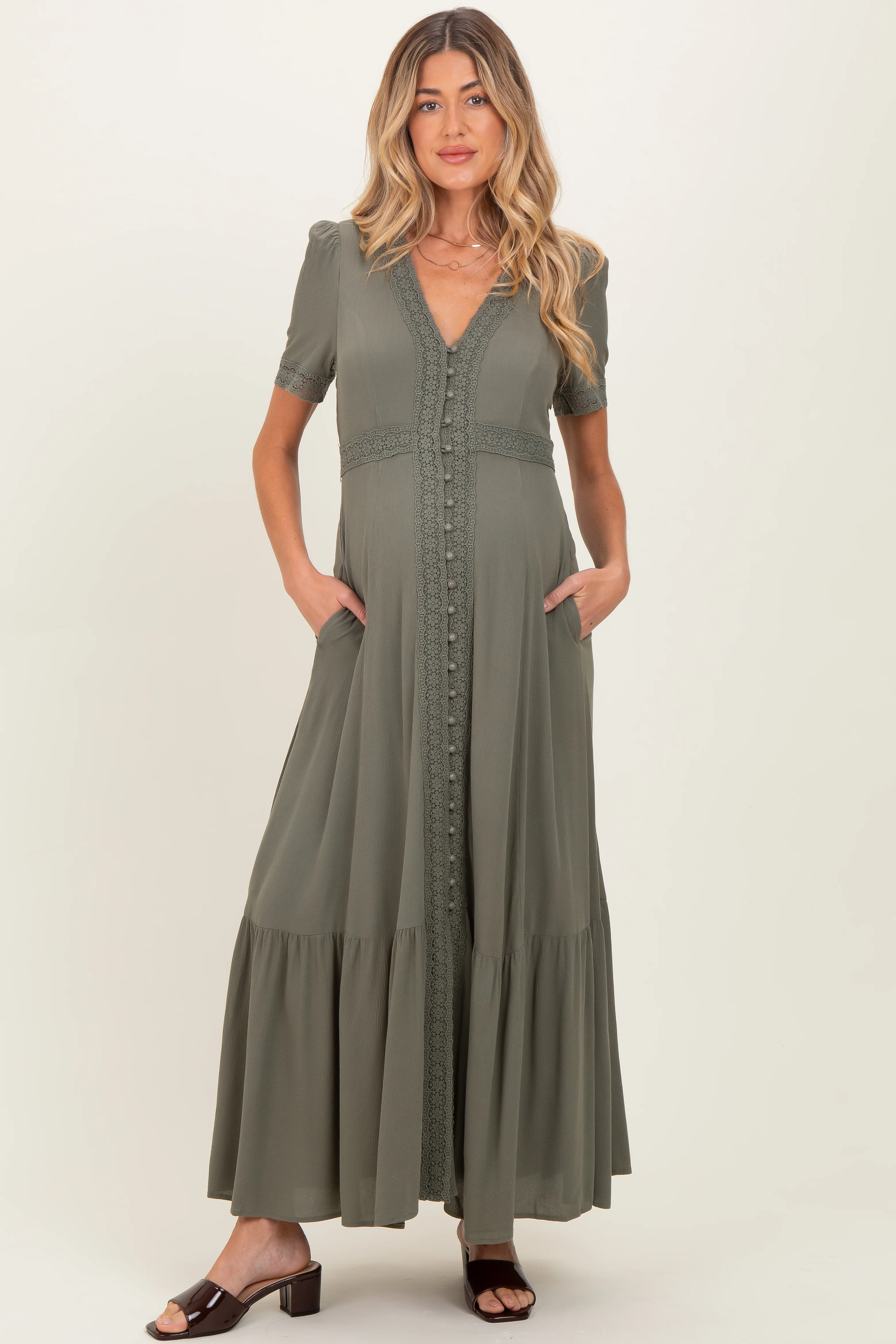 Olive Lace Trim Button Down Maternity Maxi Dress - Image 2