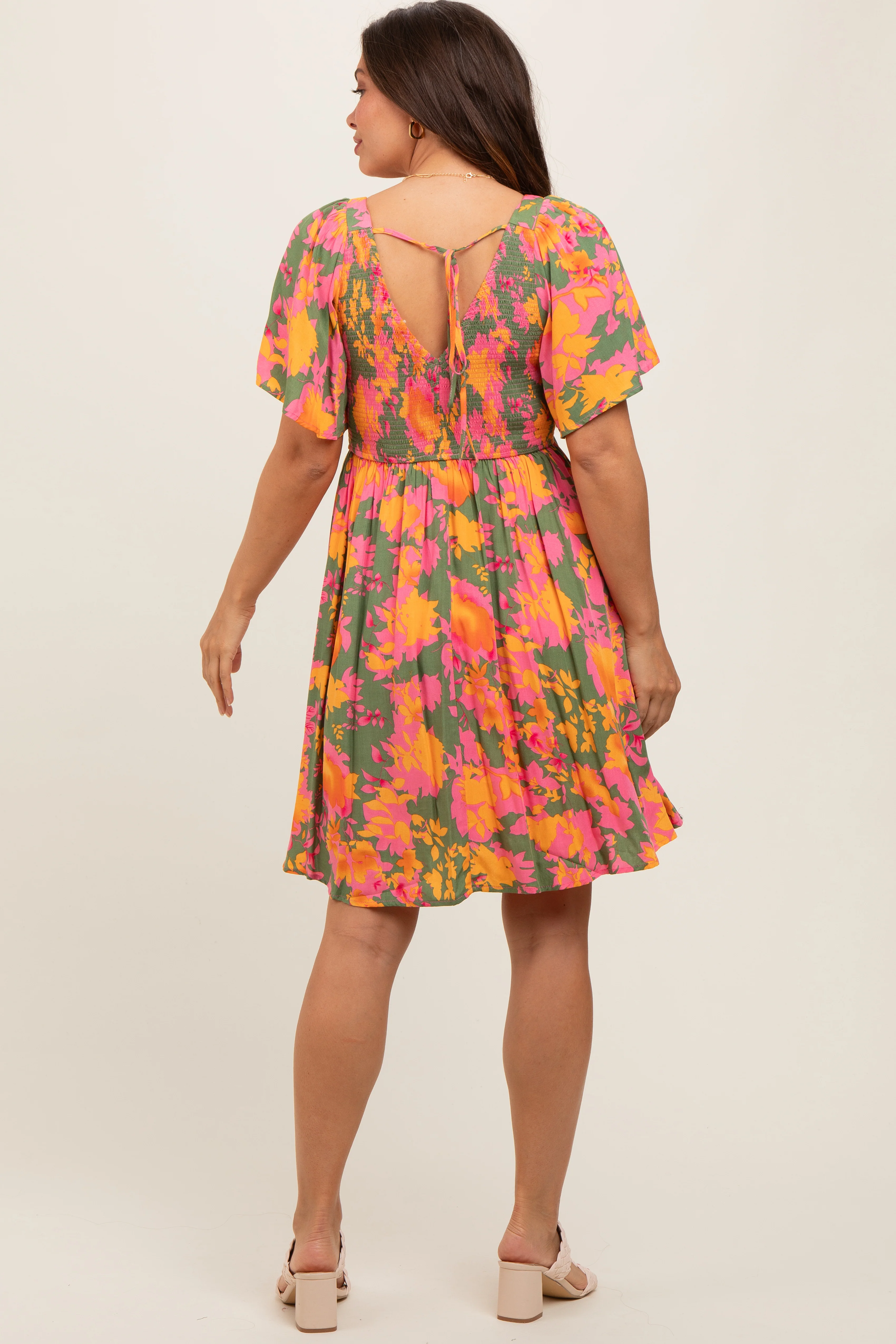 Olive Leaf Print Smocked V-Neck Maternity Dress - Image 4
