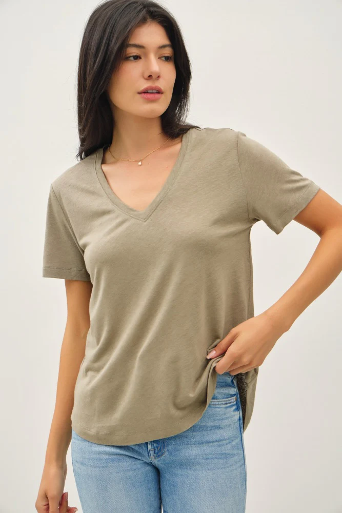 Olive Linen Blend V-Neck Short Sleeve Maternity T-Shirt - Image 4