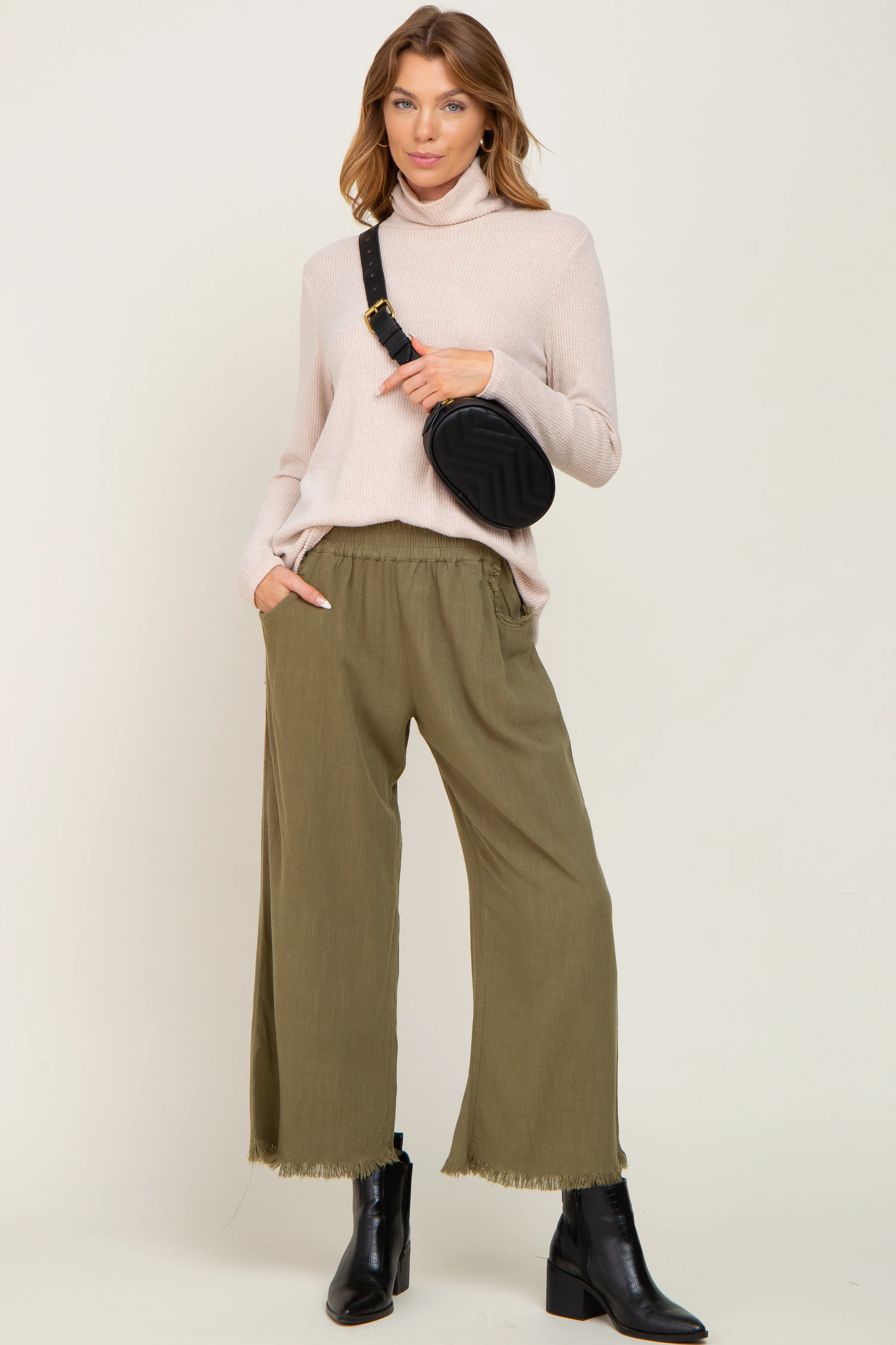 Olive Linen Frayed Hem Crop Maternity Pants - Image 10