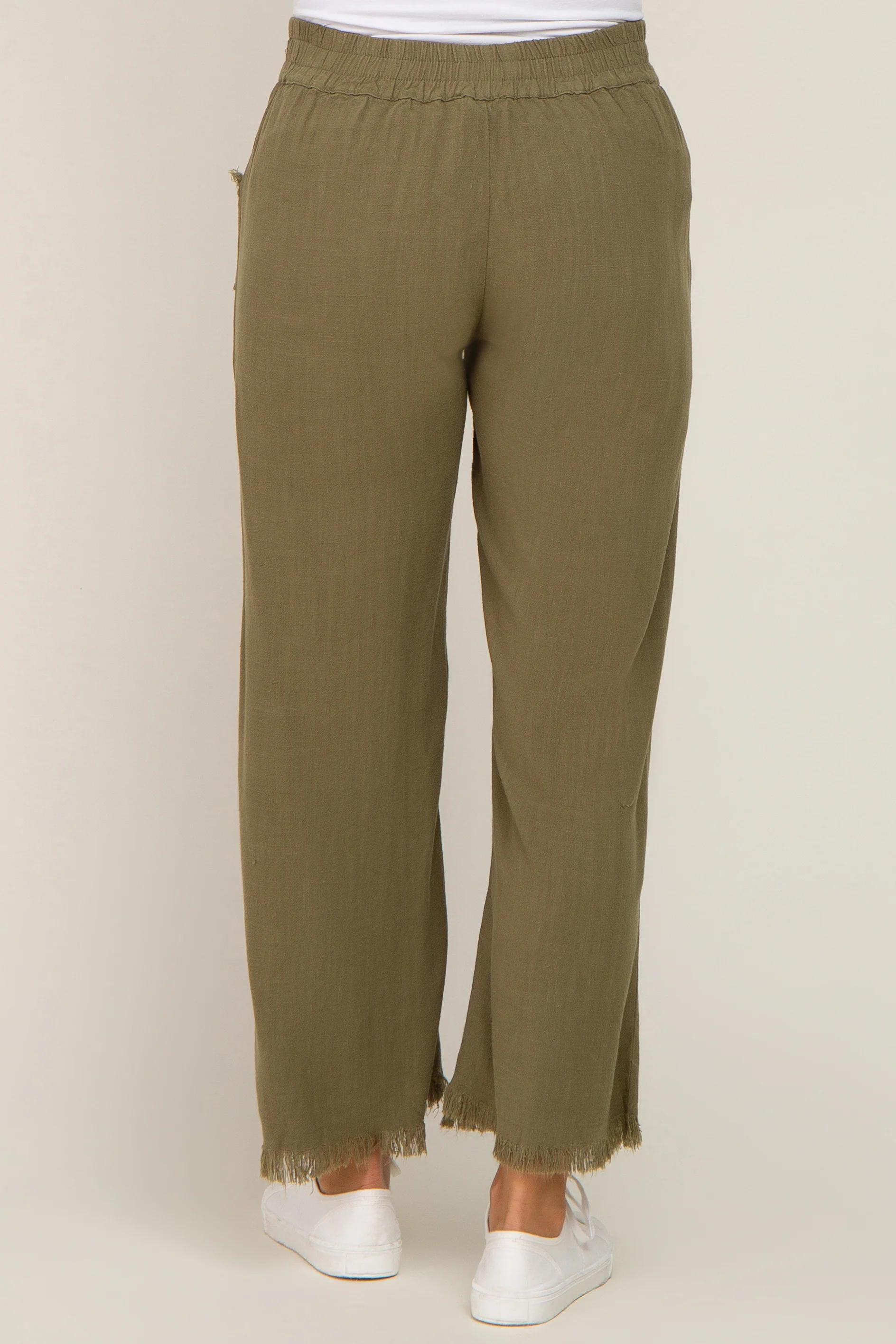 Olive Linen Frayed Hem Crop Maternity Pants - Image 5