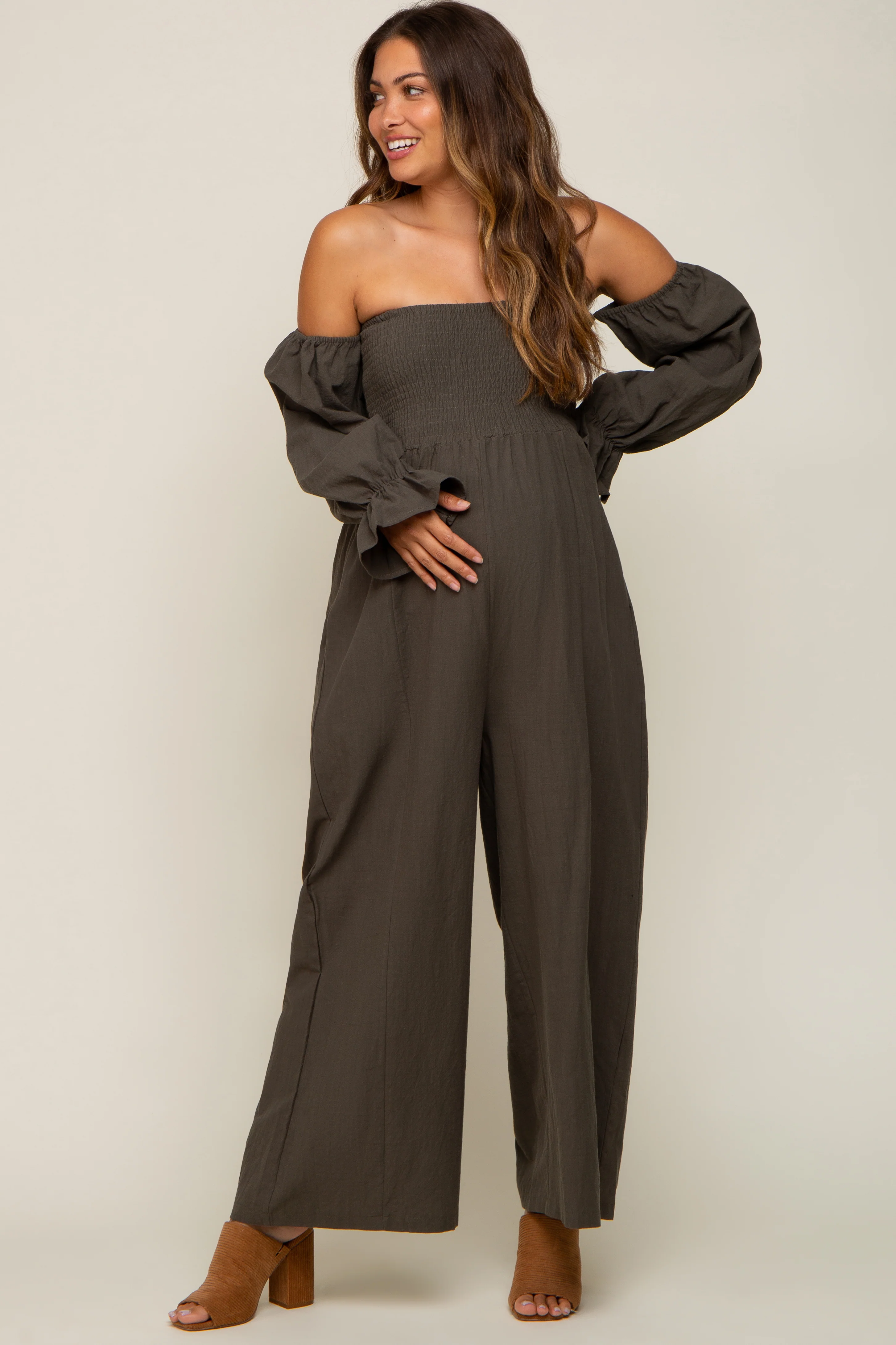 Olive Linen Smocked Off Shoulder Wide Leg Maternity Jumpsuit - Image 2