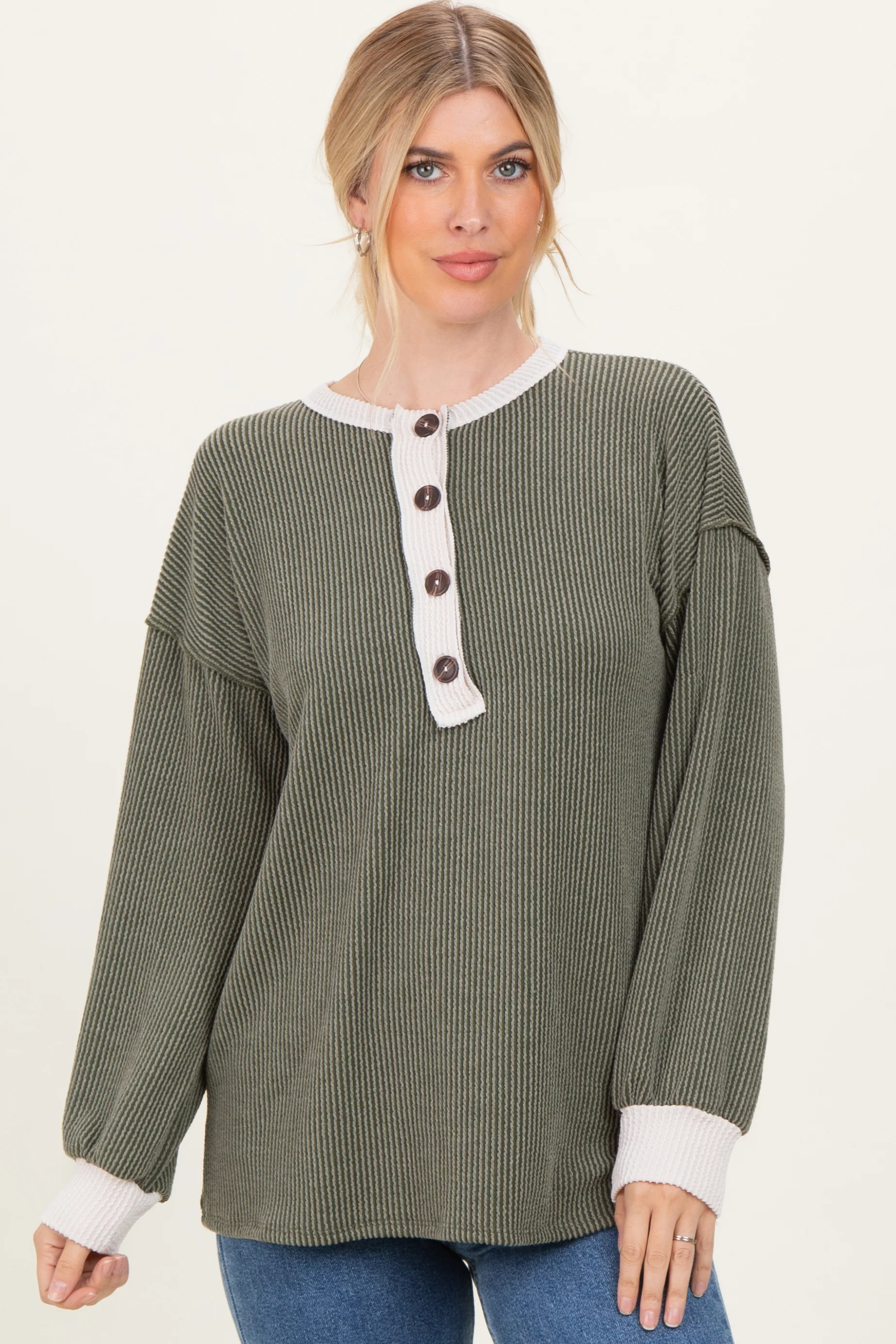 Olive Long Sleeve Contrast Button Detail Rib Maternity Top - Image 5