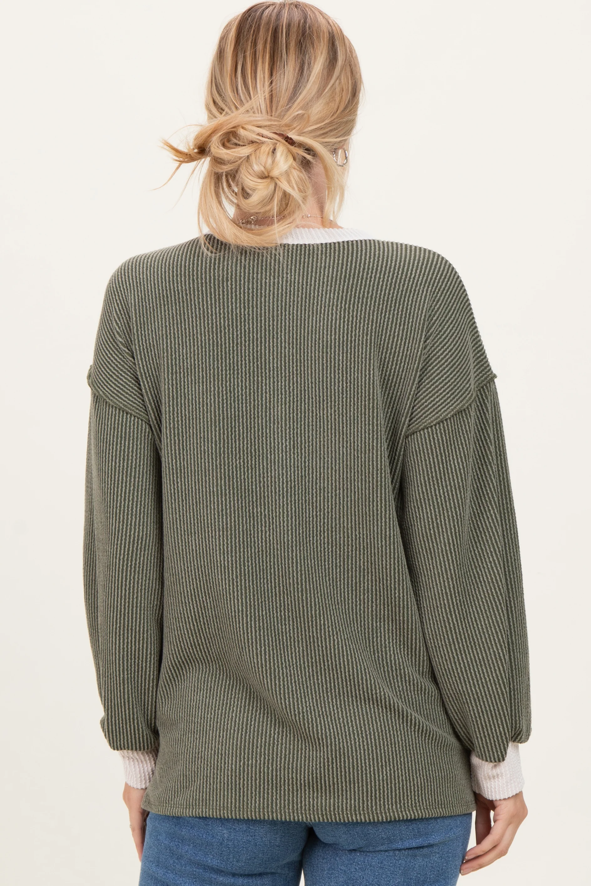 Olive Long Sleeve Contrast Button Detail Rib Top - Image 4