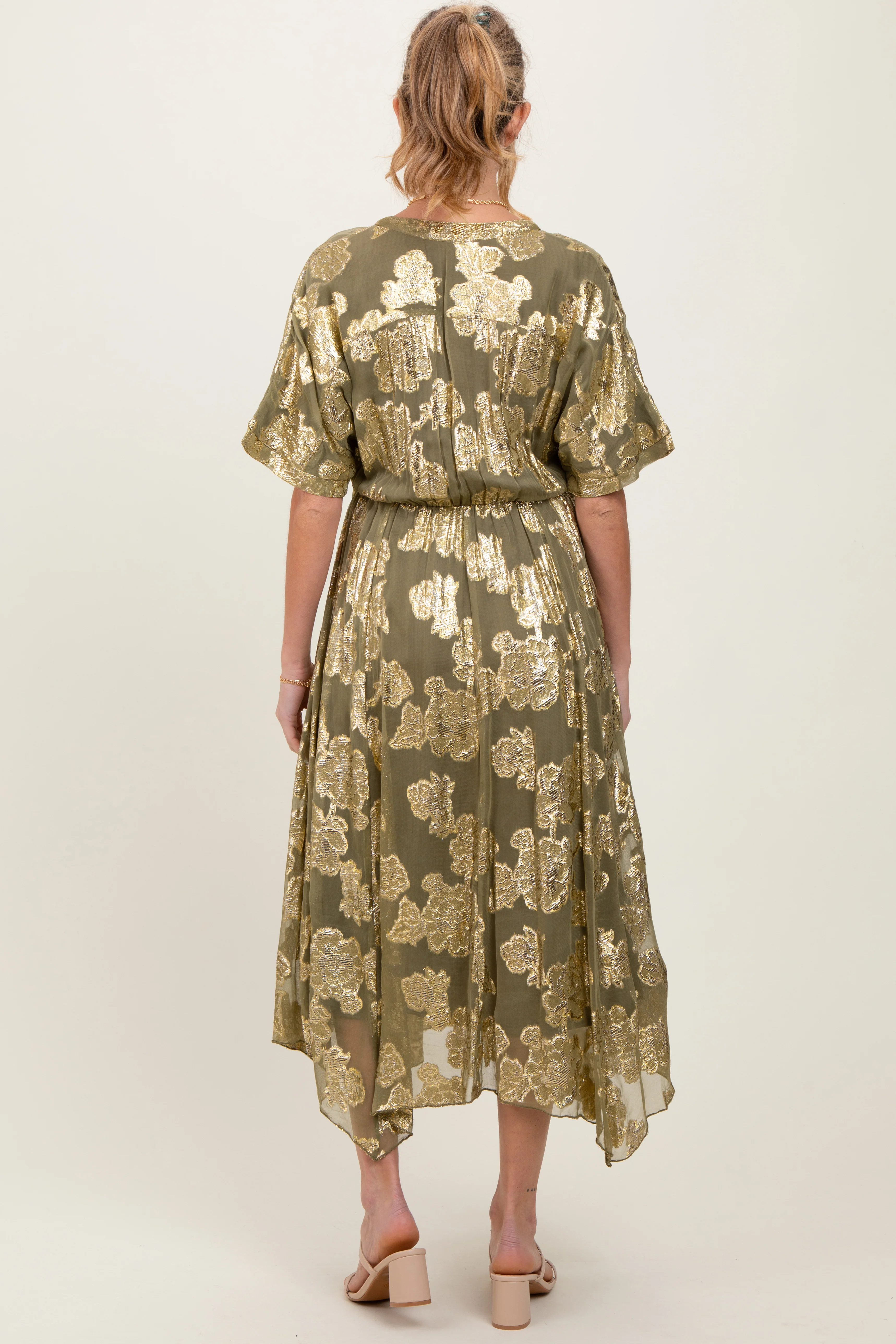 Olive Metallic Floral Jacquard Overlay Maternity Maxi Dress - Image 3
