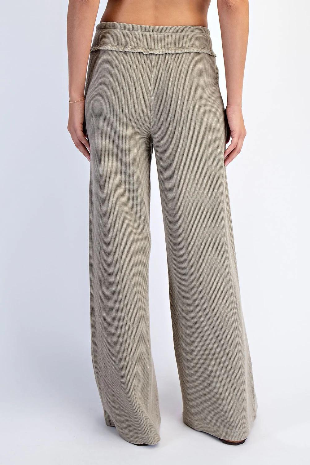 Olive Mineral Wash Waffle Knit Wide Leg Pants - Image 3