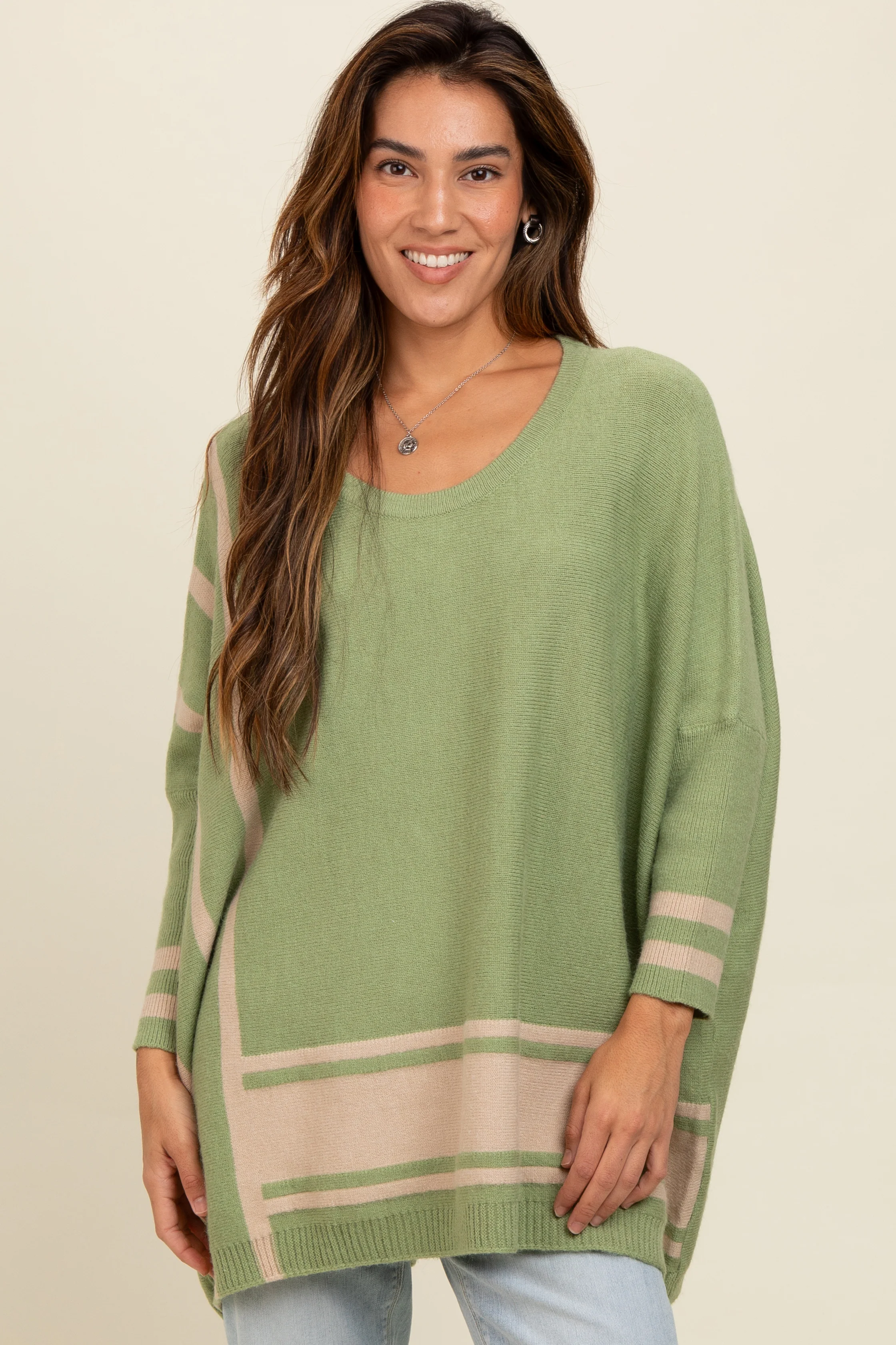 Olive Mixed Stripe Dolman Sleeve Maternity Sweater - Image 7