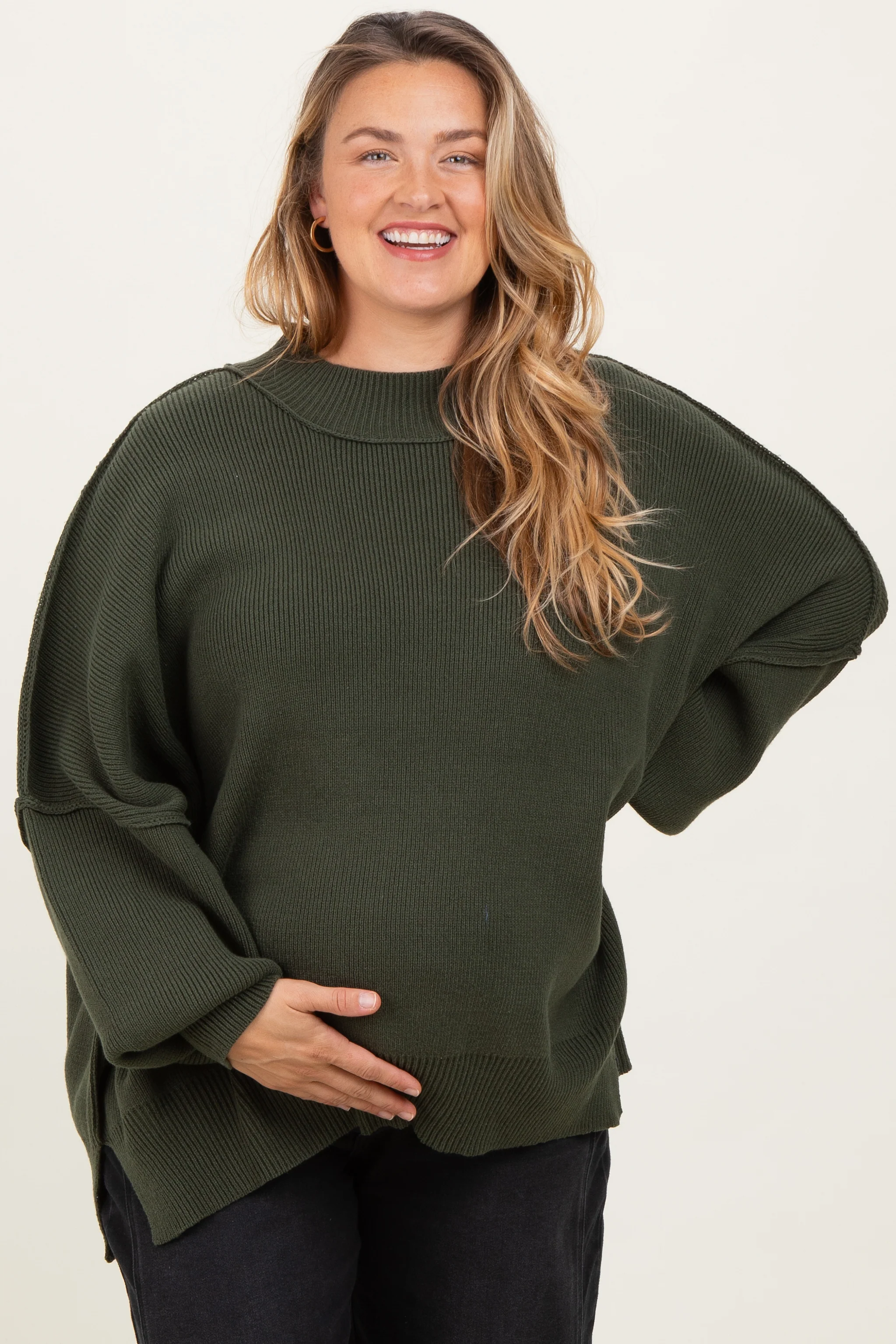 Olive Mock Neck Exposed Seam Maternity Sweater - Image 2