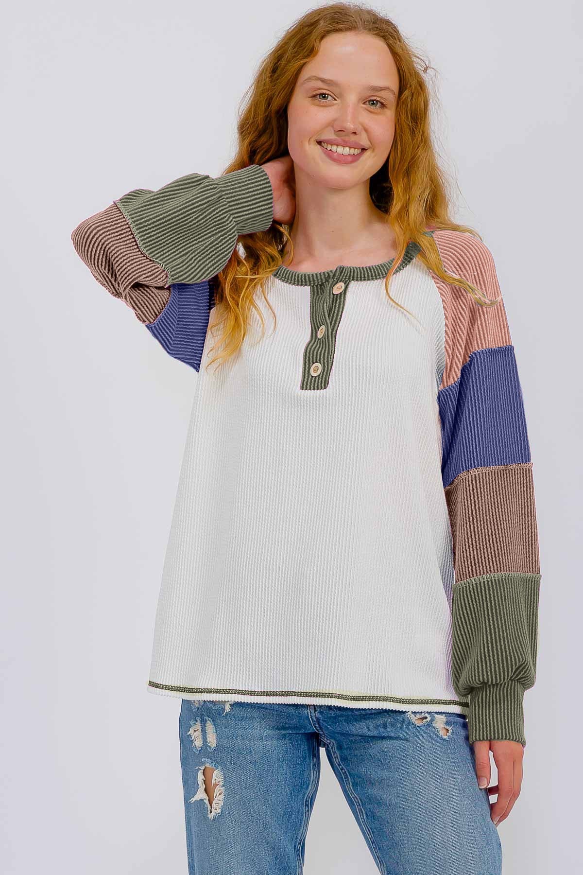 Olive Multi Textured Rib Colorblock Raglan Maternity Long Sleeve - Image 5