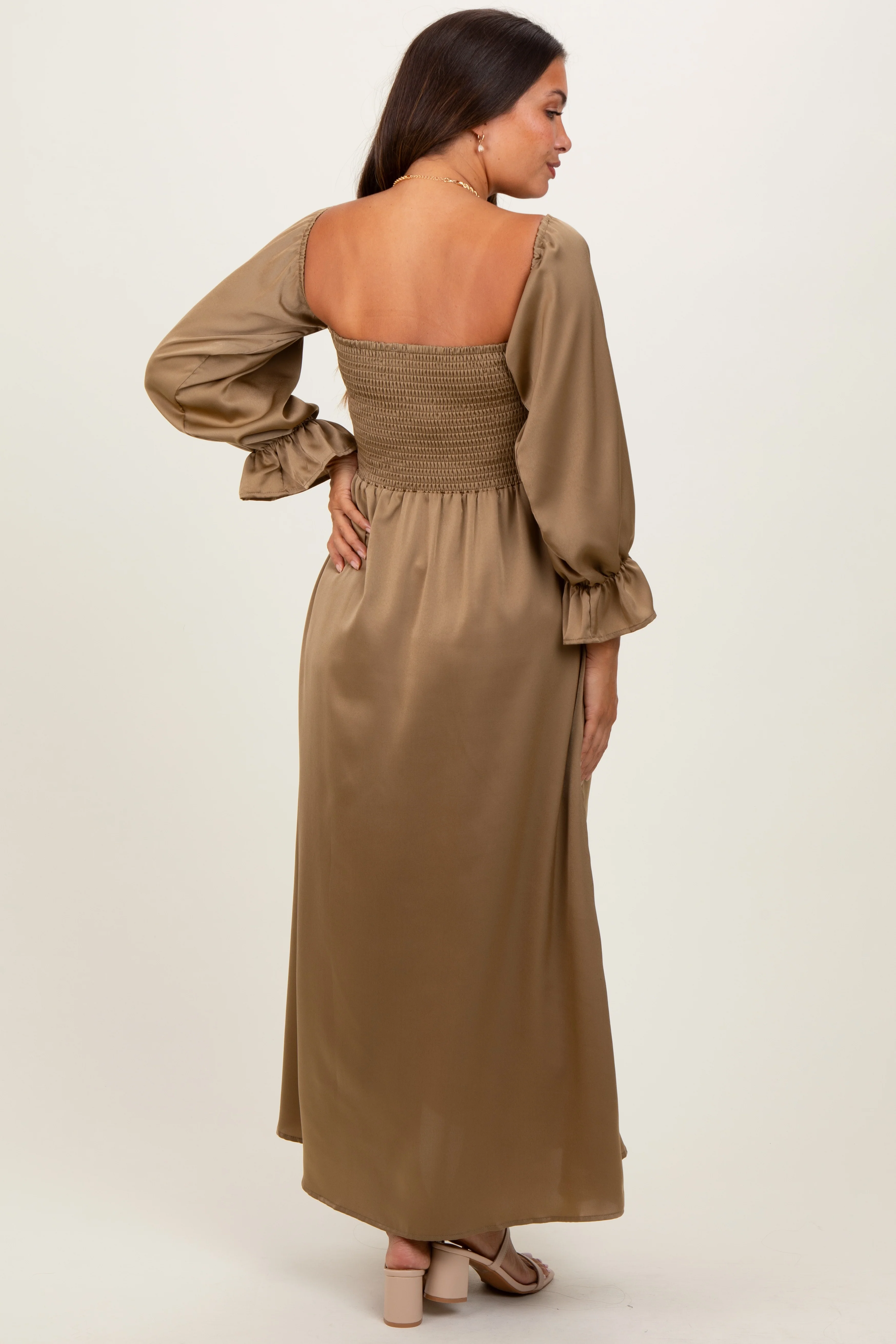 Olive Off Shoulder Satin Pleated Bodice Maternity Maxi Dress - Image 4