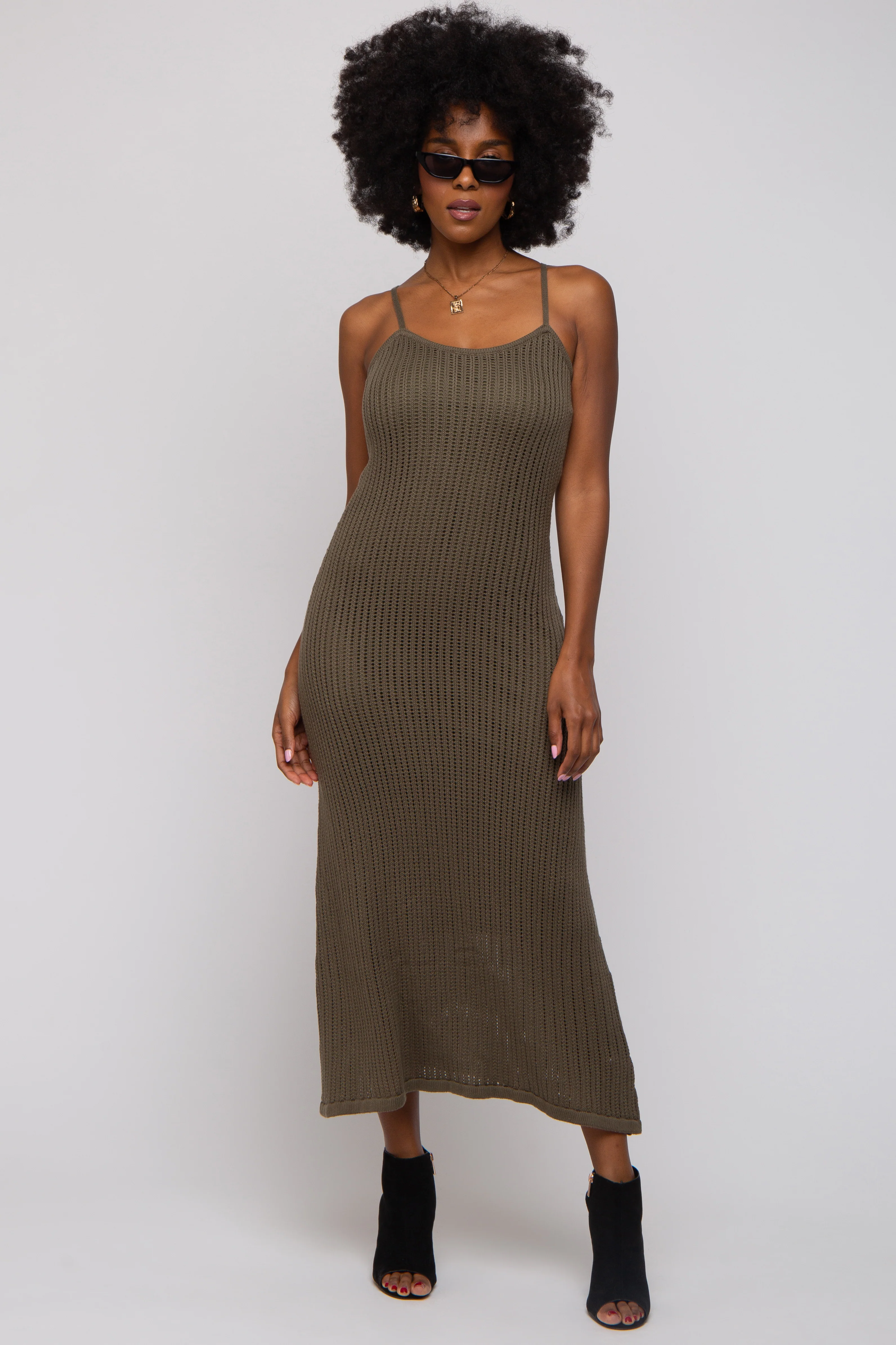 Olive Open Knit Crochet Midi Dress - Image 7