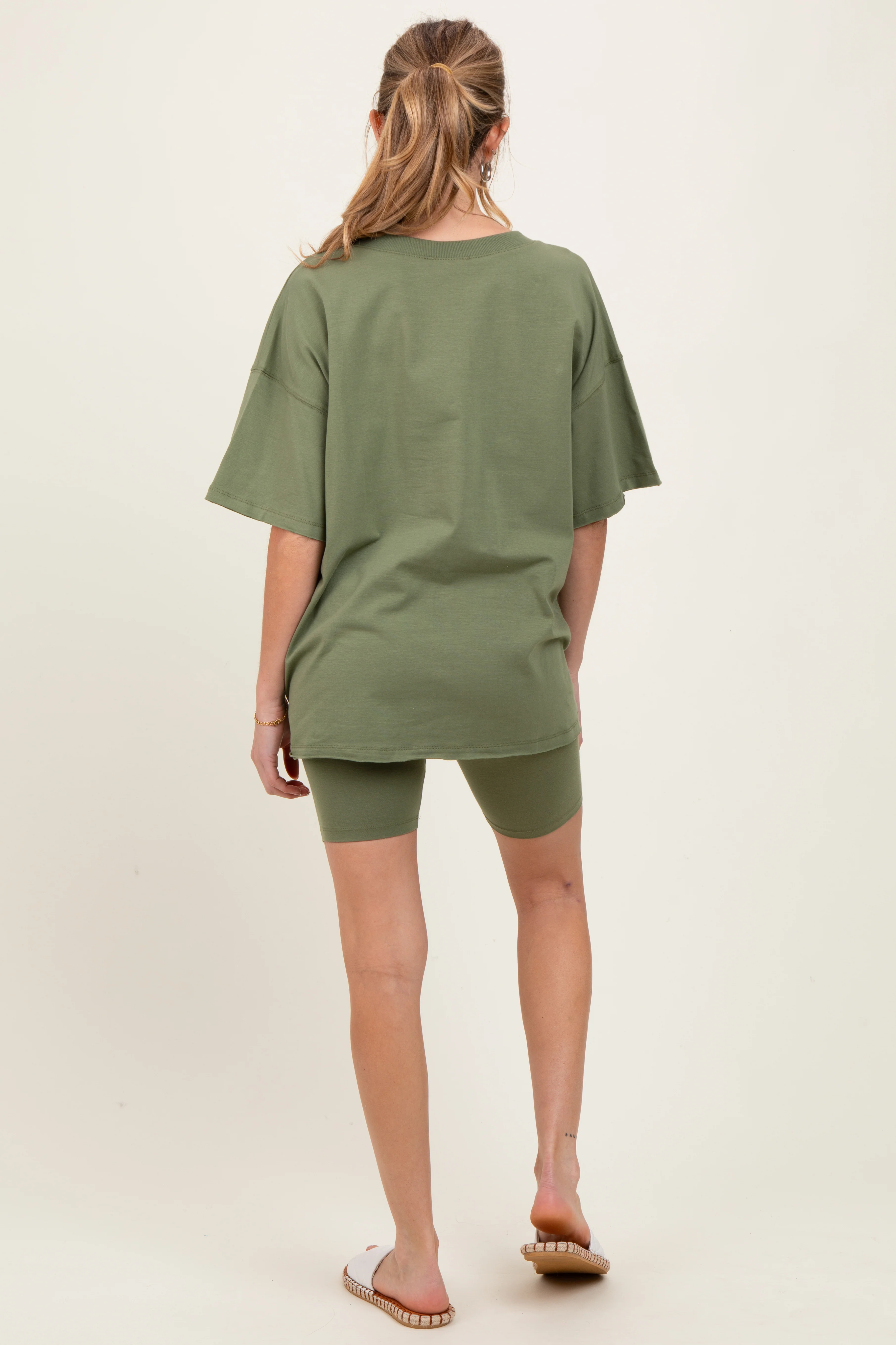 Olive Oversized V-Neck Biker Short Maternity Set - Image 3
