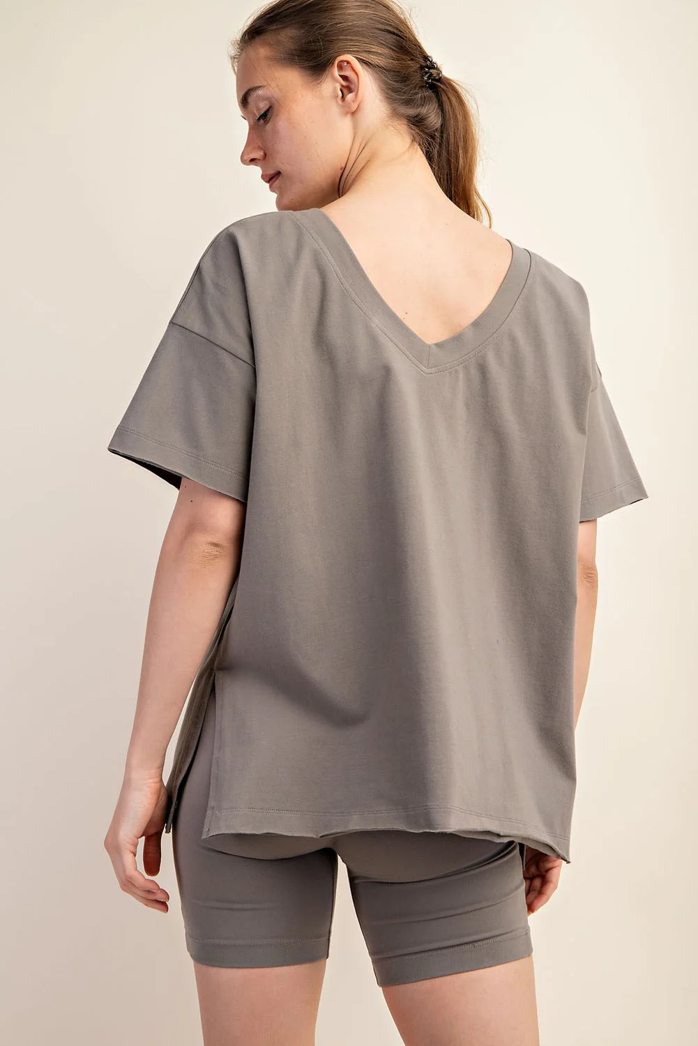Olive Oversized V-Neck Side Slit Tee - Image 4