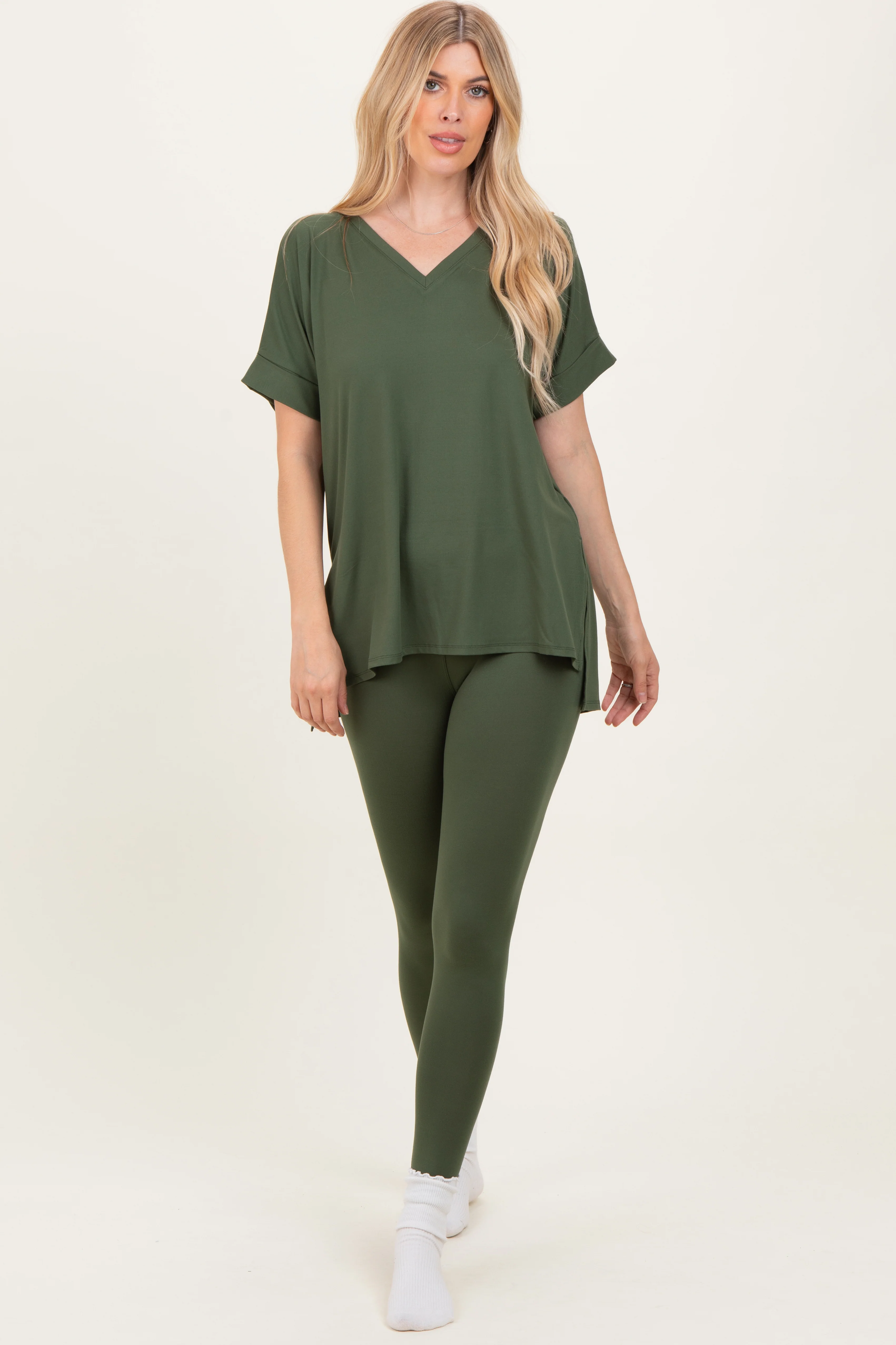 Olive Oversized V-Neck Tee Legging Lounge Set - Image 2