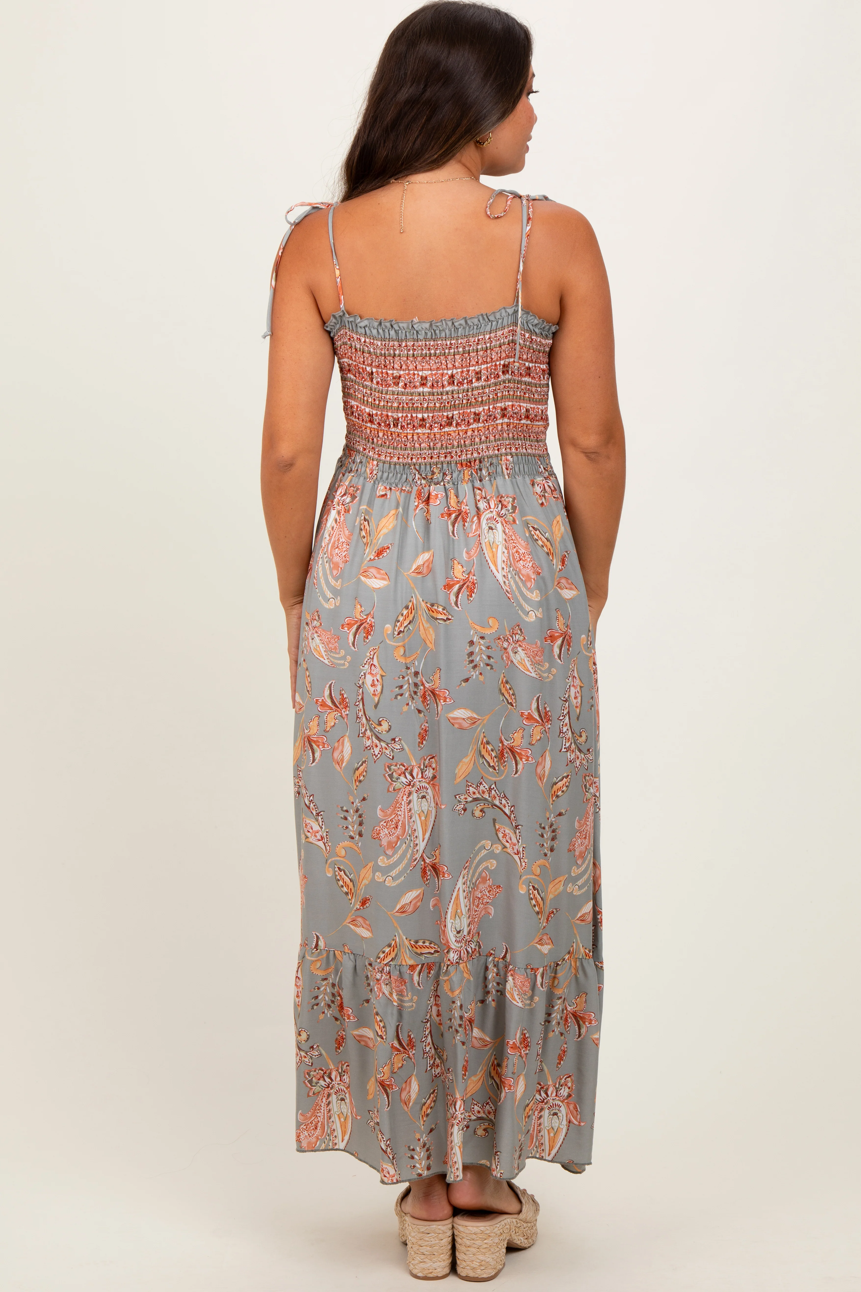 Olive Paisley Shoulder Tie Smocked Maternity Maxi Dress - Image 4