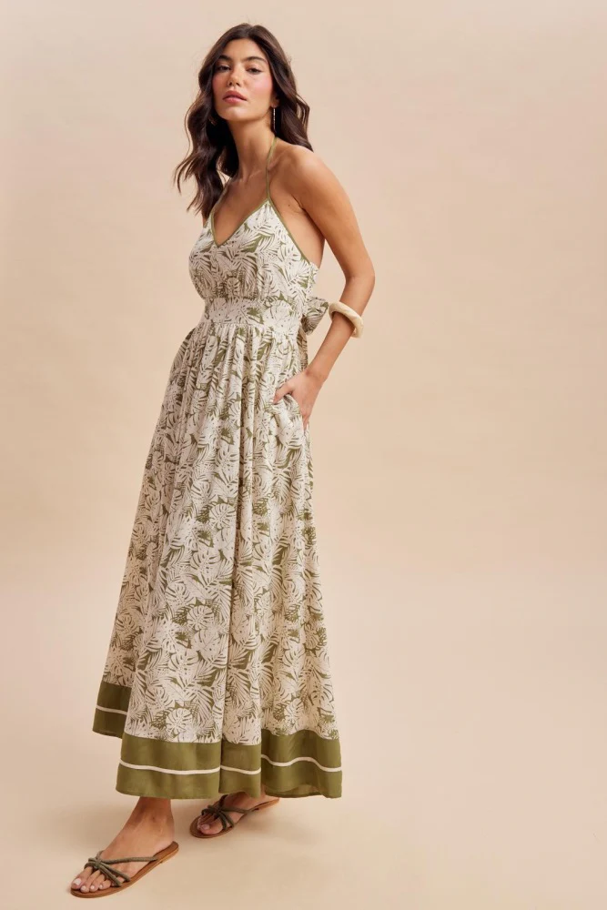 Olive Palm Printed Cutout Tie Back Maxi Dress - Image 3