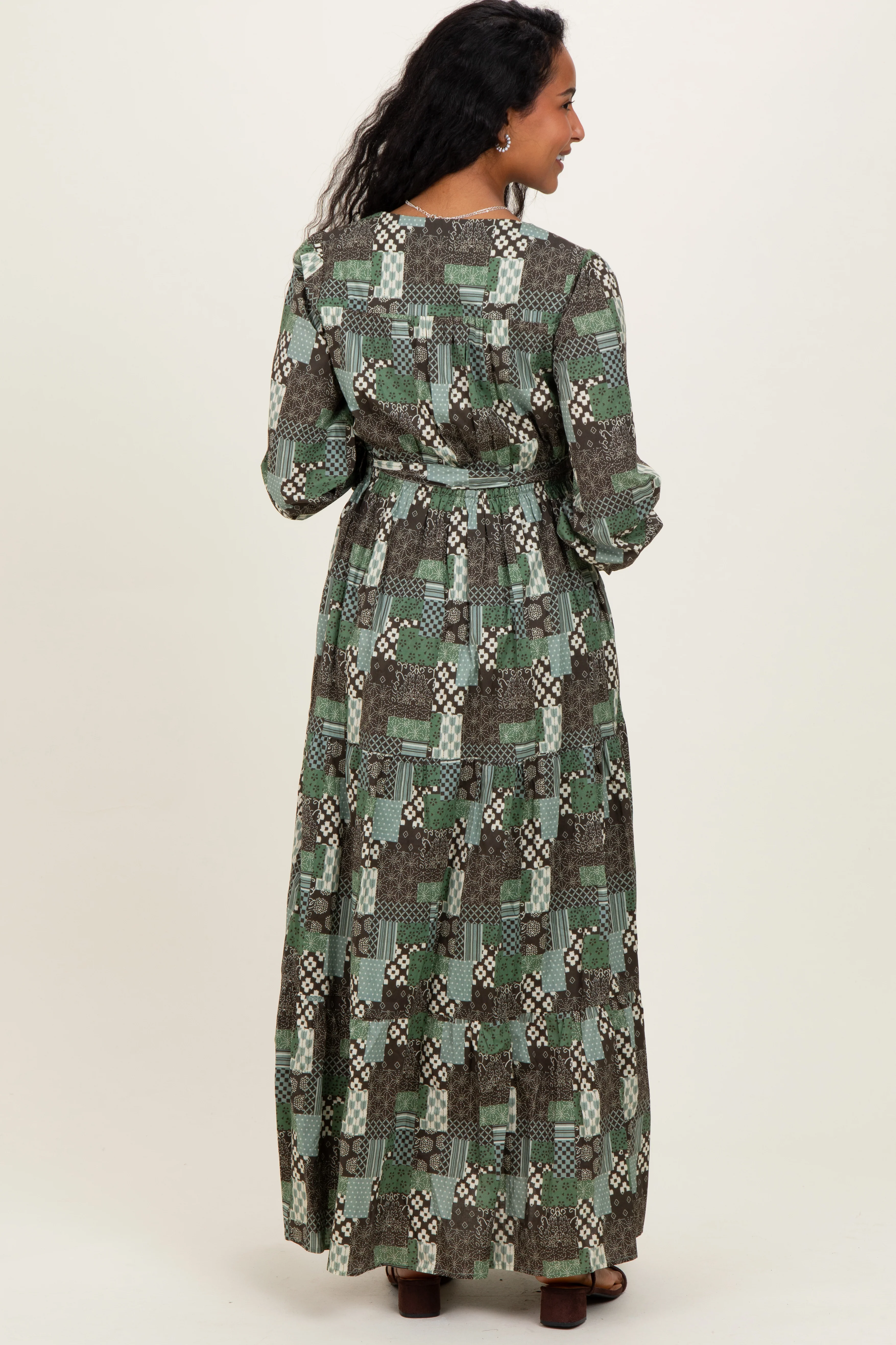 Olive Patchwork Print Tiered Long Sleeve Maternity Maxi Dress - Image 4