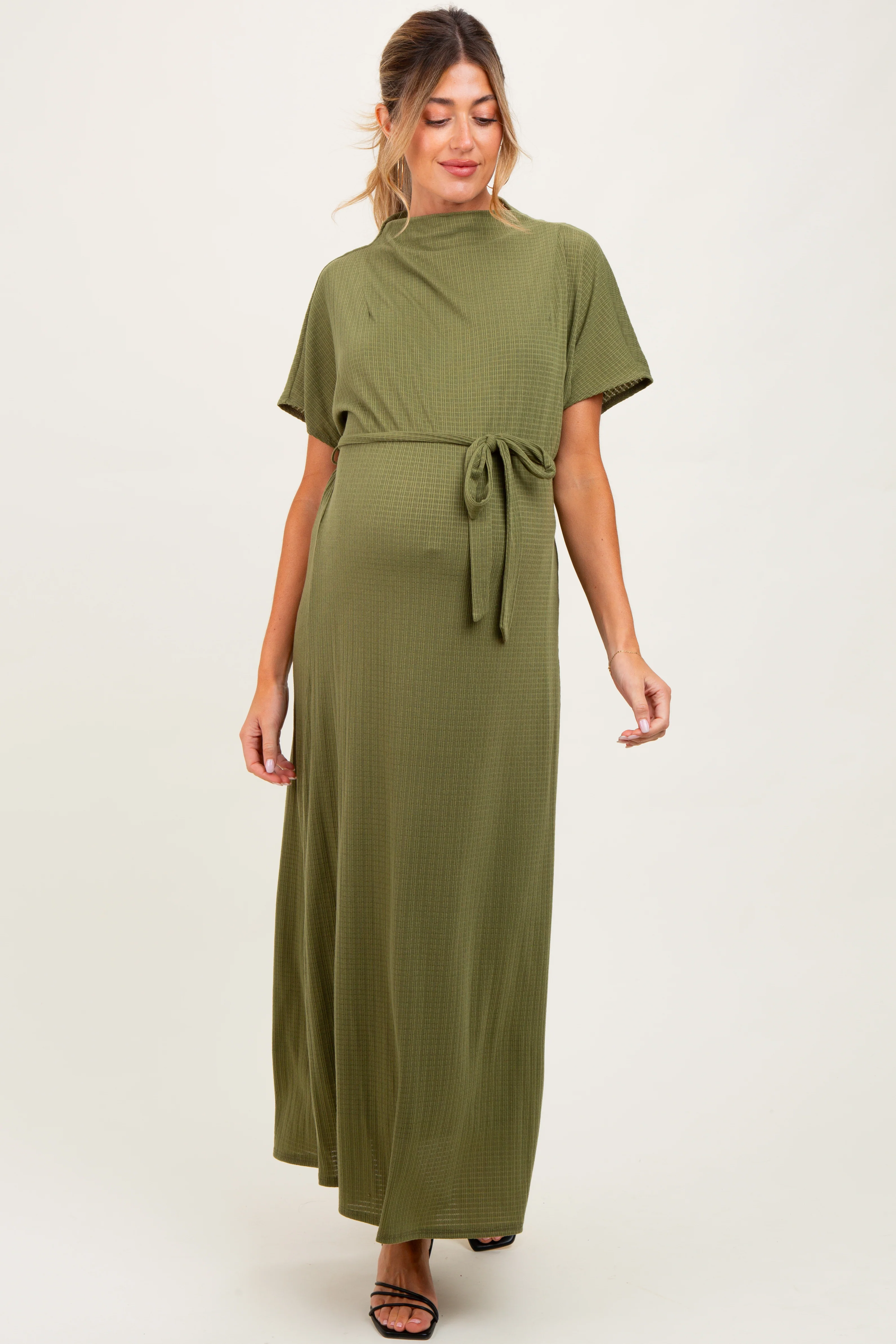 Olive Plaid Draped Neckline Sash Tie Maternity Maxi Dress - Image 3