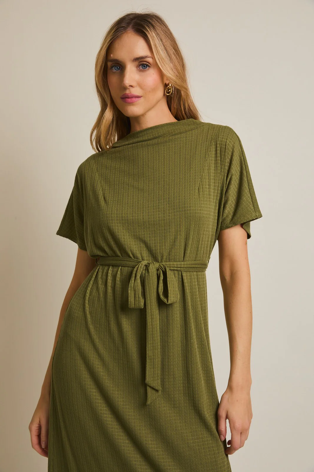 Olive Plaid Draped Neckline Sash Tie Maxi Dress - Image 5