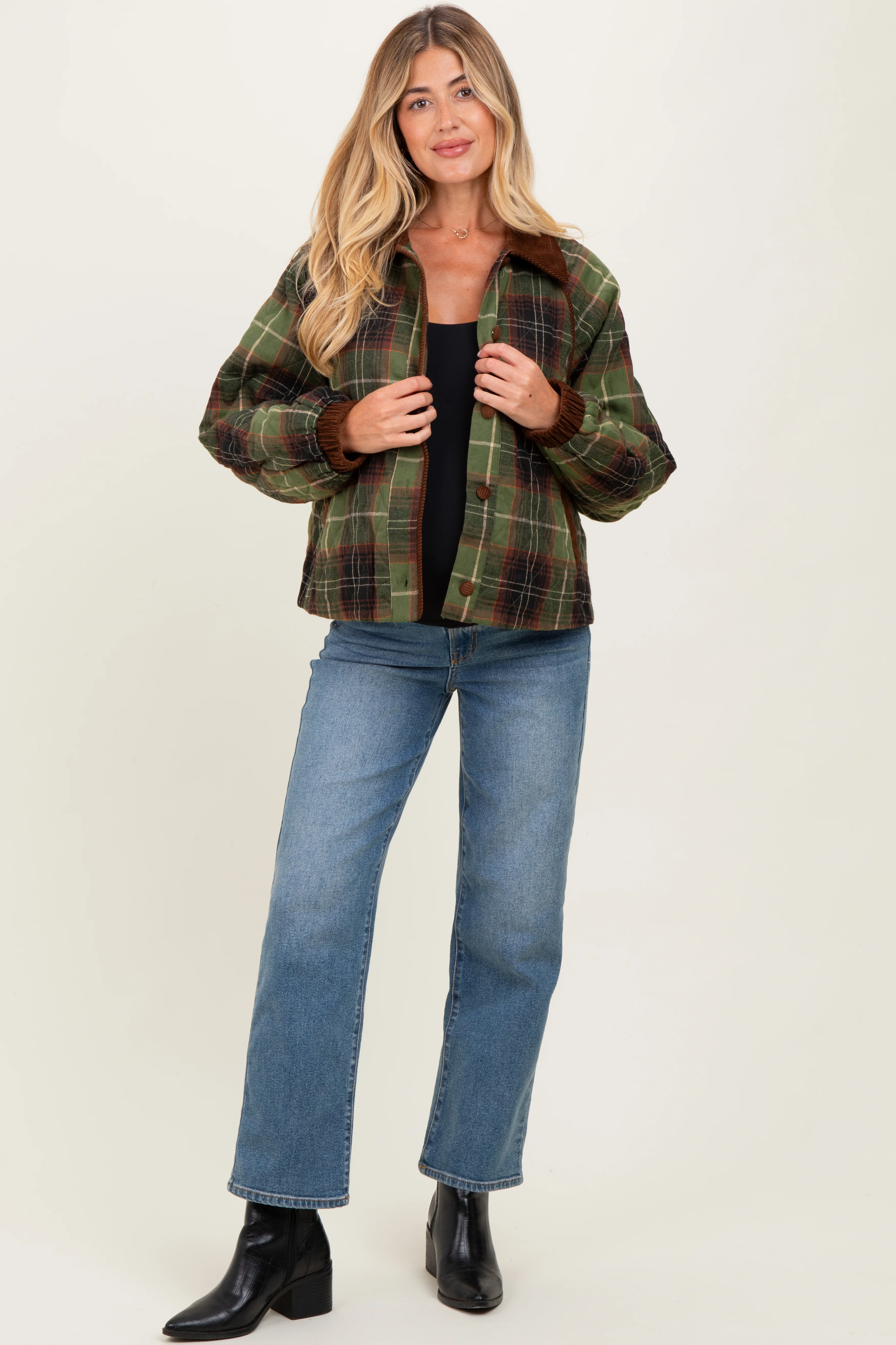 Olive Plaid Quilted Corduroy Contrast Maternity Jacket - Image 3