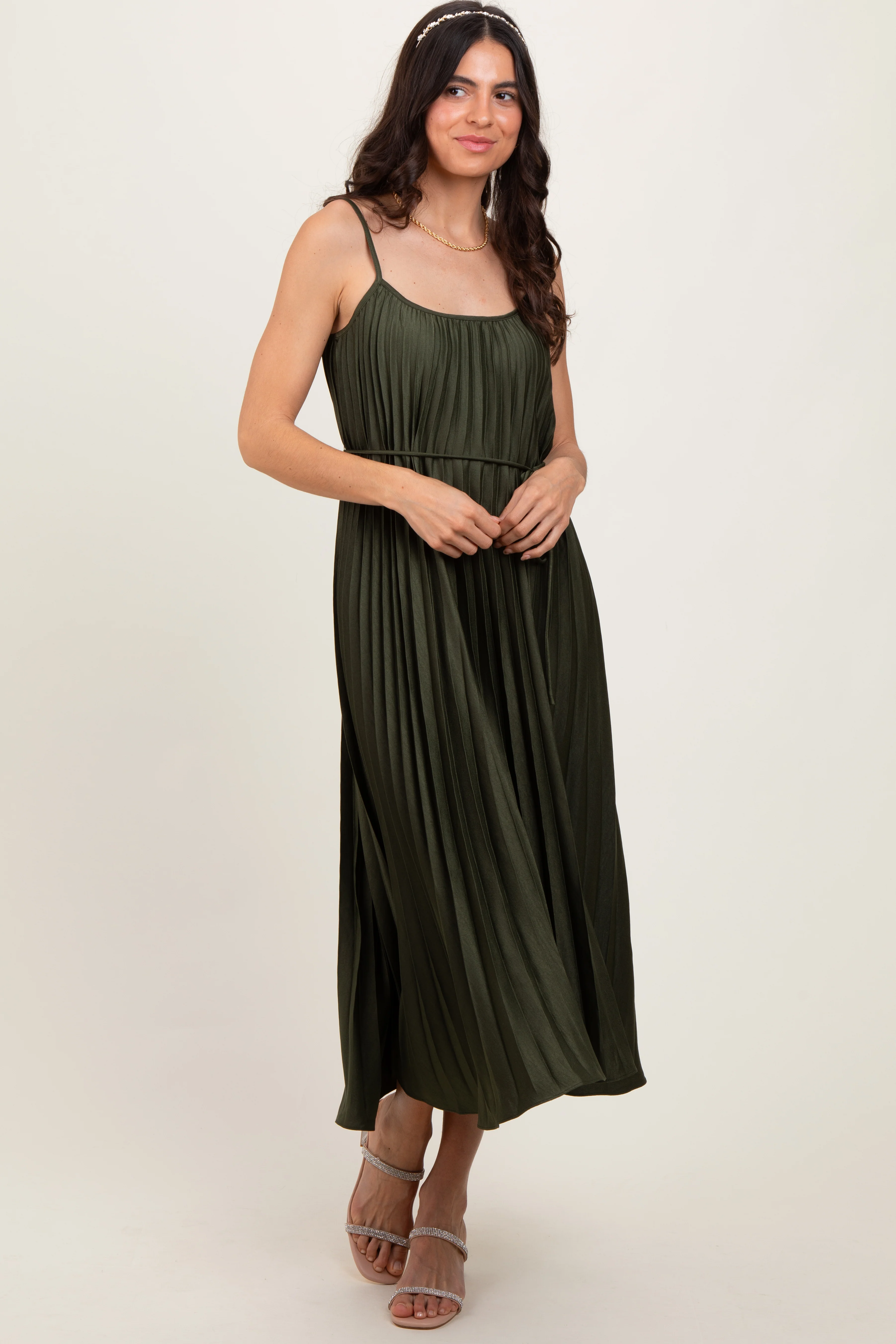 Olive Pleated Sash Tie Maternity Midi Dress - Image 5