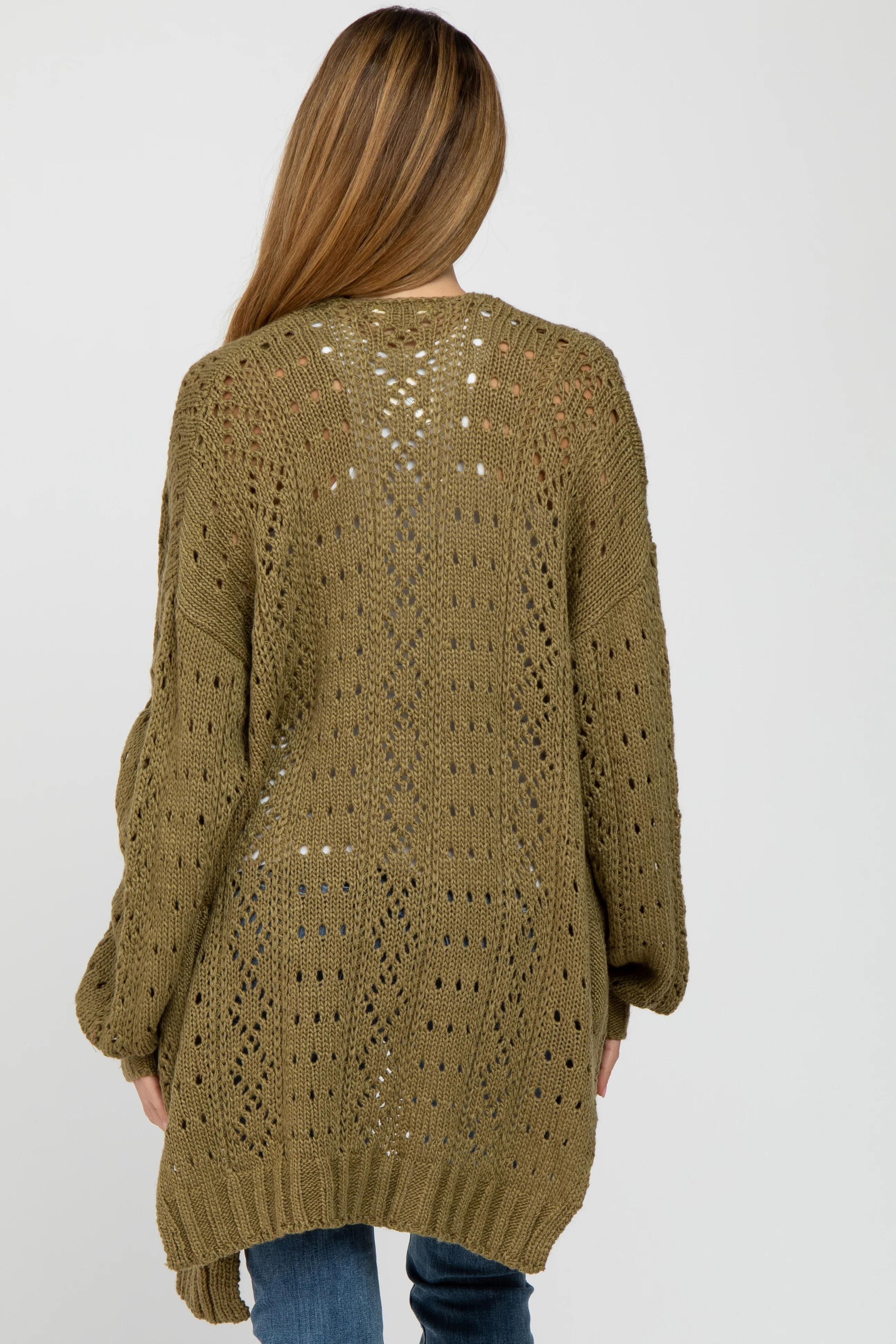Olive Pointelle Knit Maternity Cardigan - Image 4