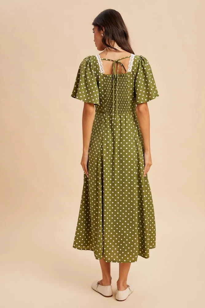 Olive Polka Dot Lace Trim Maxi Dress - Image 4