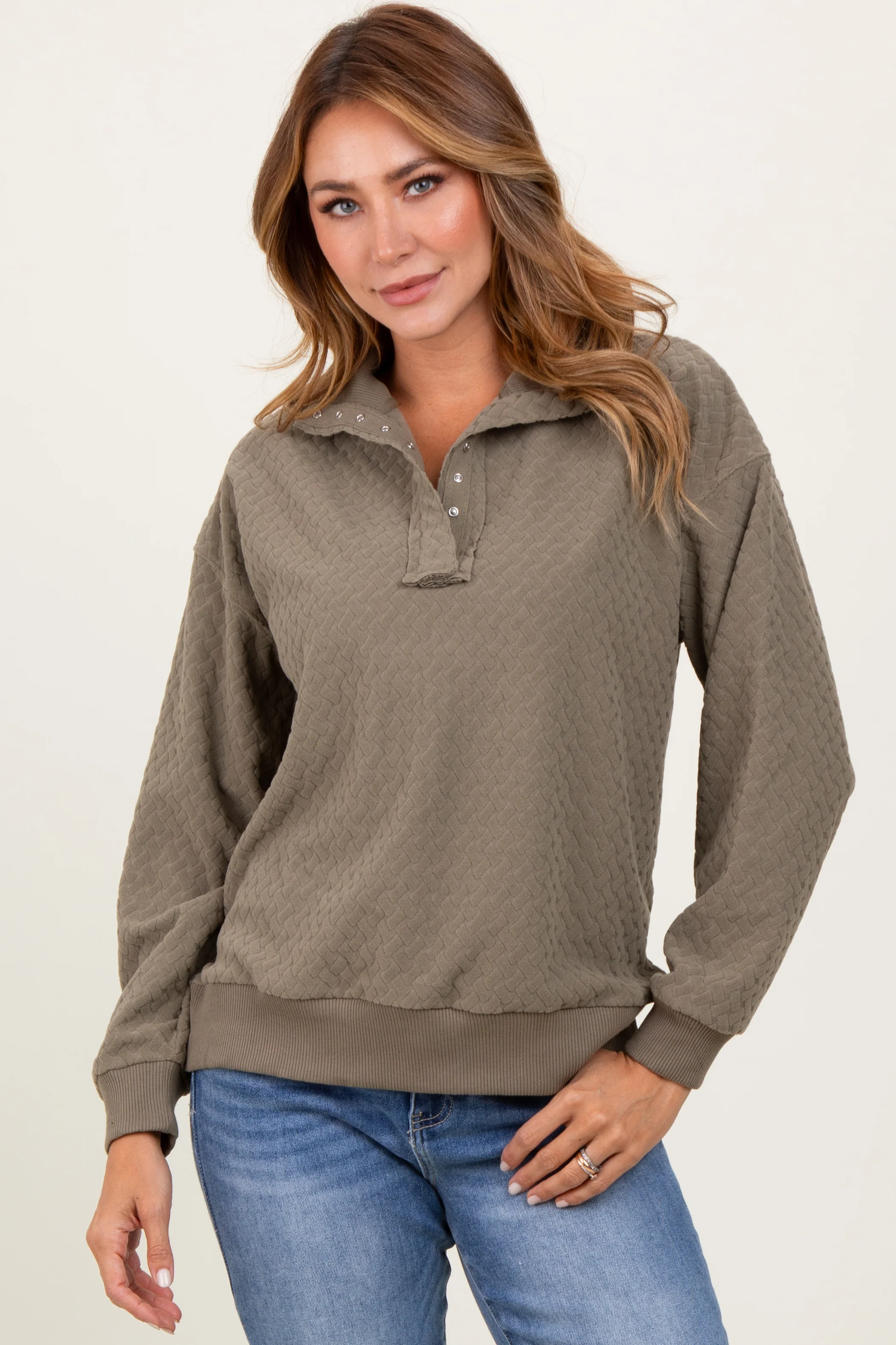 Olive Quilted Knit Snap Collar Pullover Top - Image 2