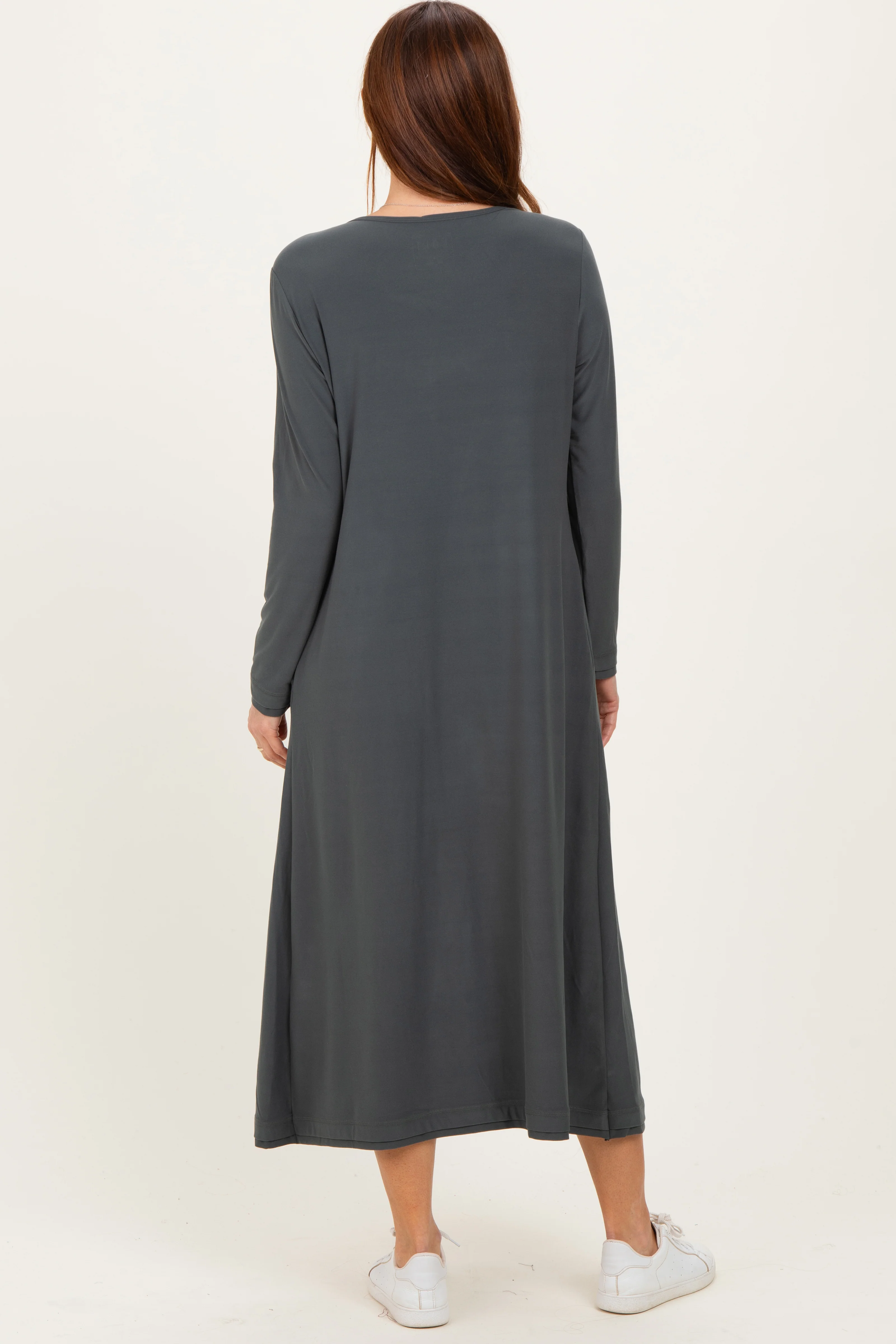 Olive Relaxed Fit Long Sleeve Basic Dress - Image 4