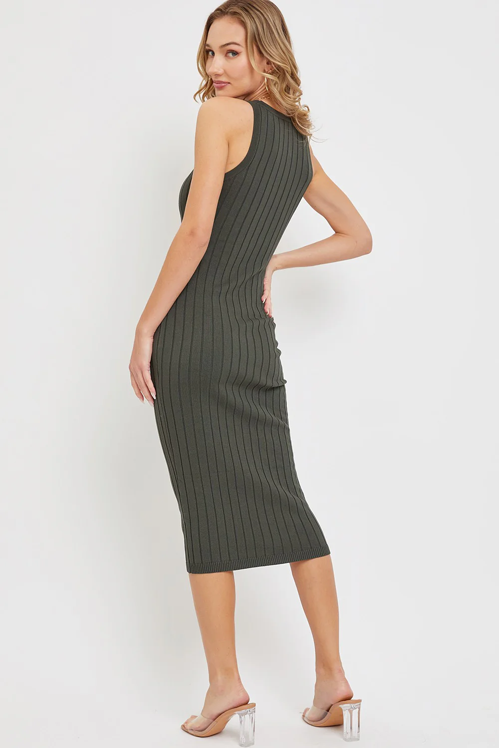Olive Rib Knit Sleeveless Midi Dress - Image 3