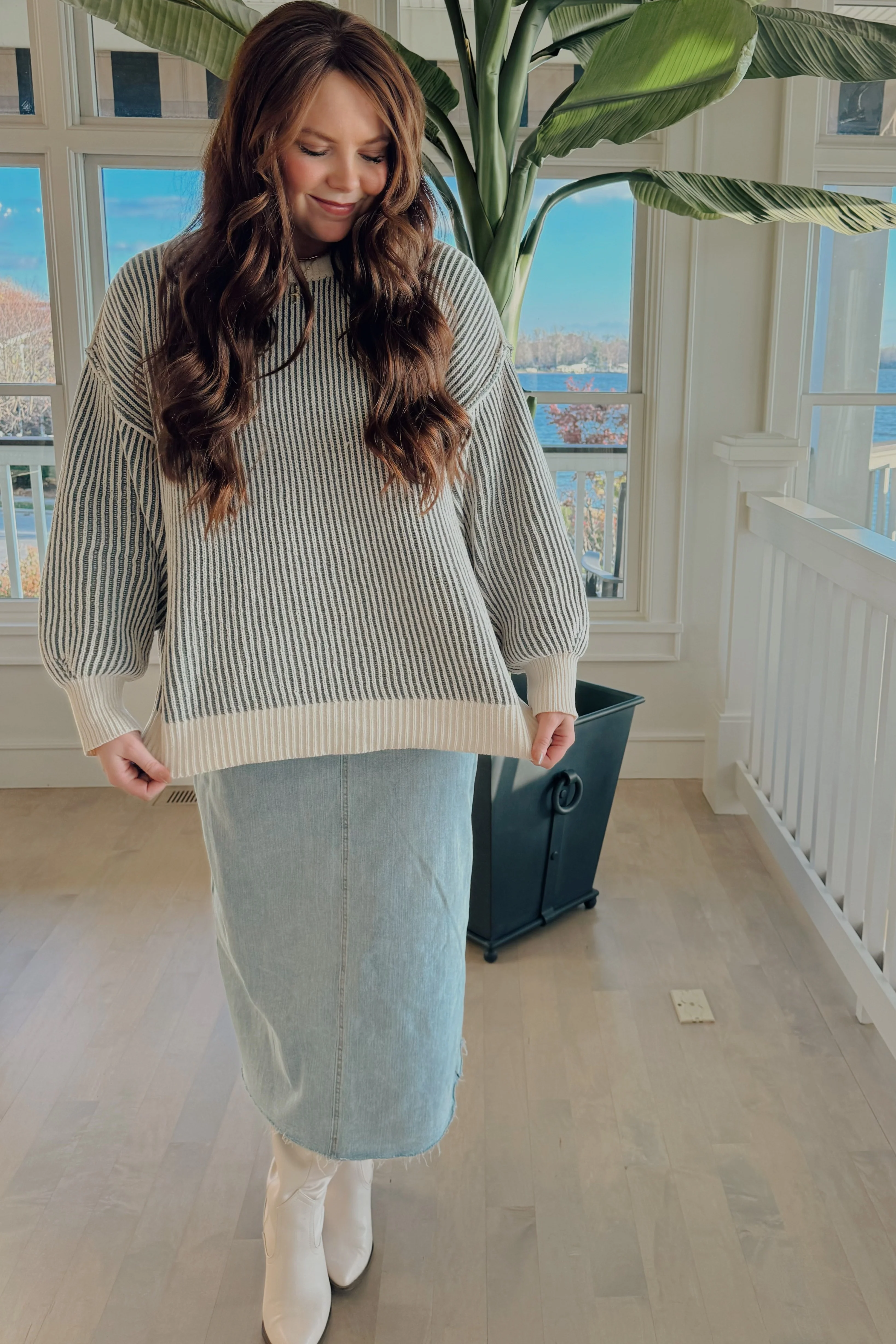 Olive Ribbed Balloon Sleeve Sweater - Image 6