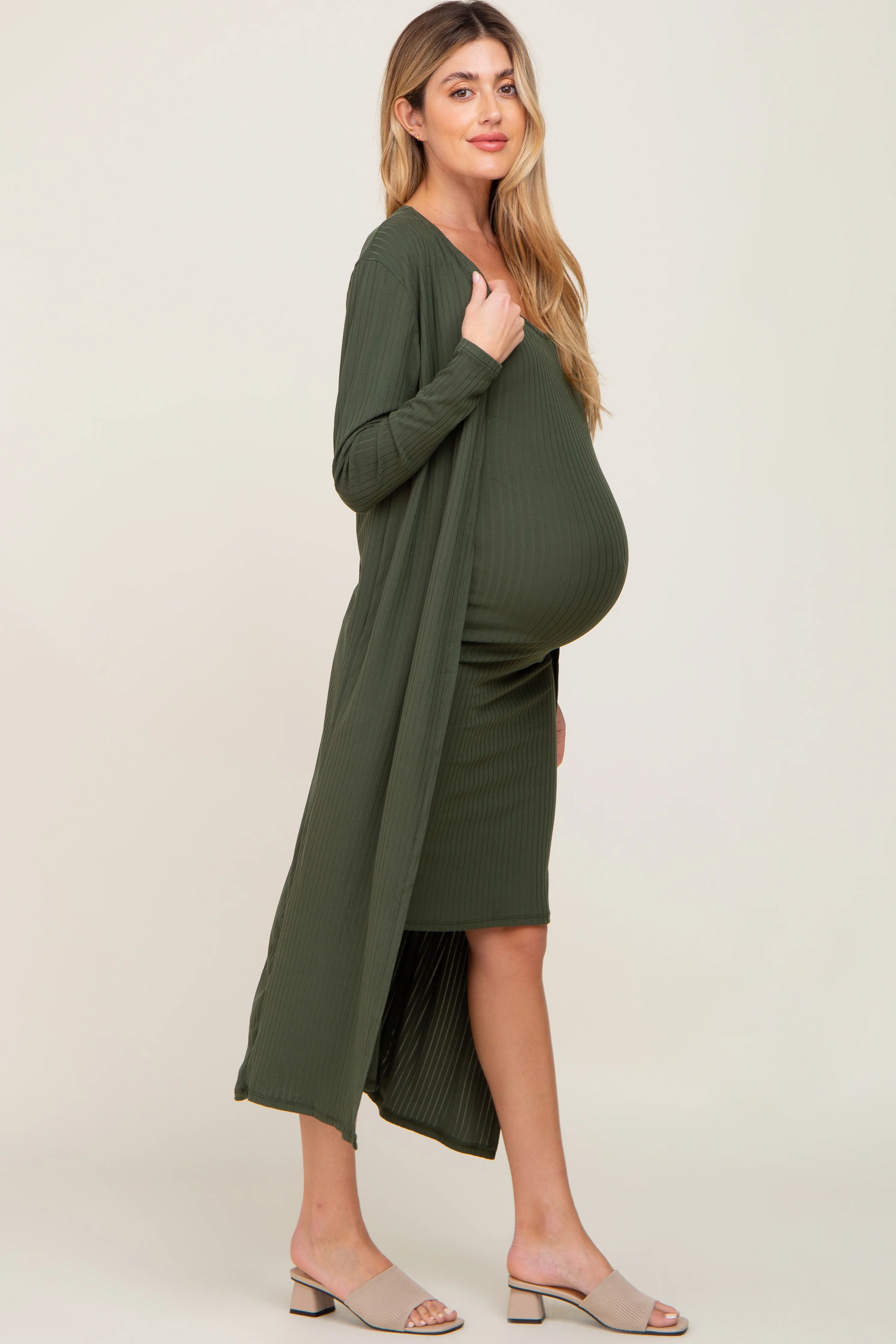 Olive Ribbed Cardigan 2 Piece Maternity Set - Image 2
