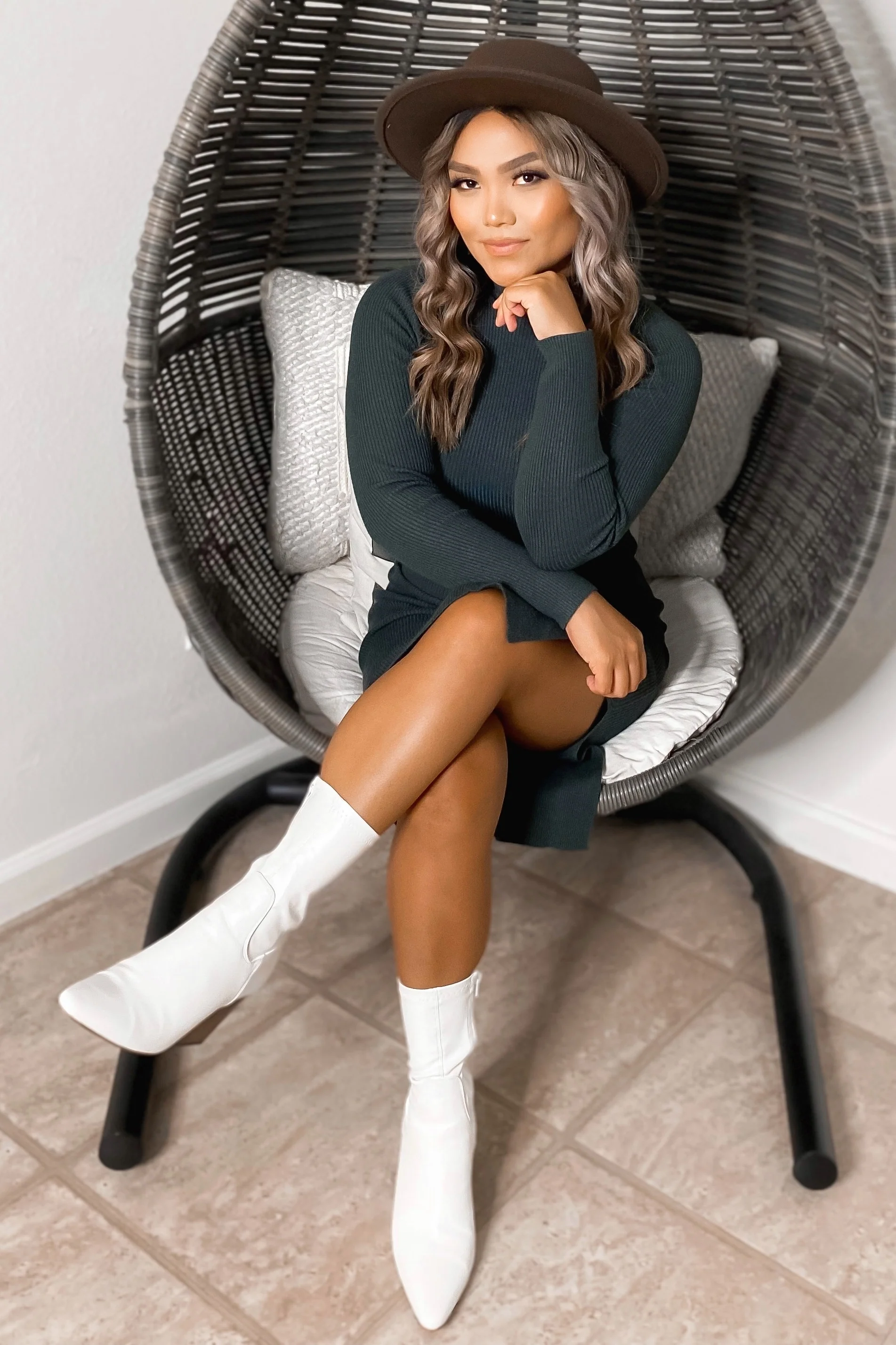 Olive RIbbed Fitted Mock Neck Long Sleeve Midi Dress - Image 4