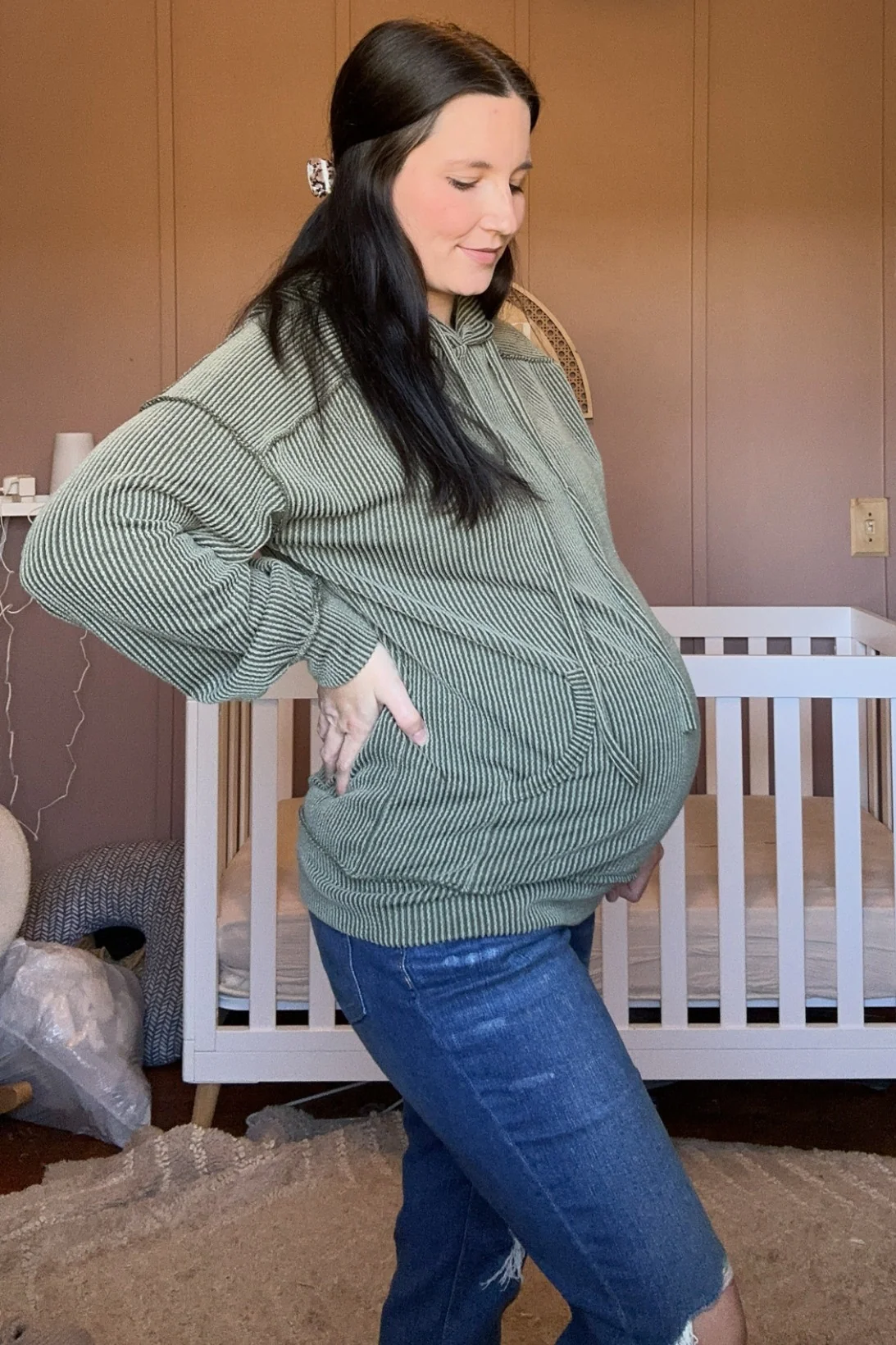 Olive Ribbed Front Pocket Maternity Drawstring Hoodie - Image 6