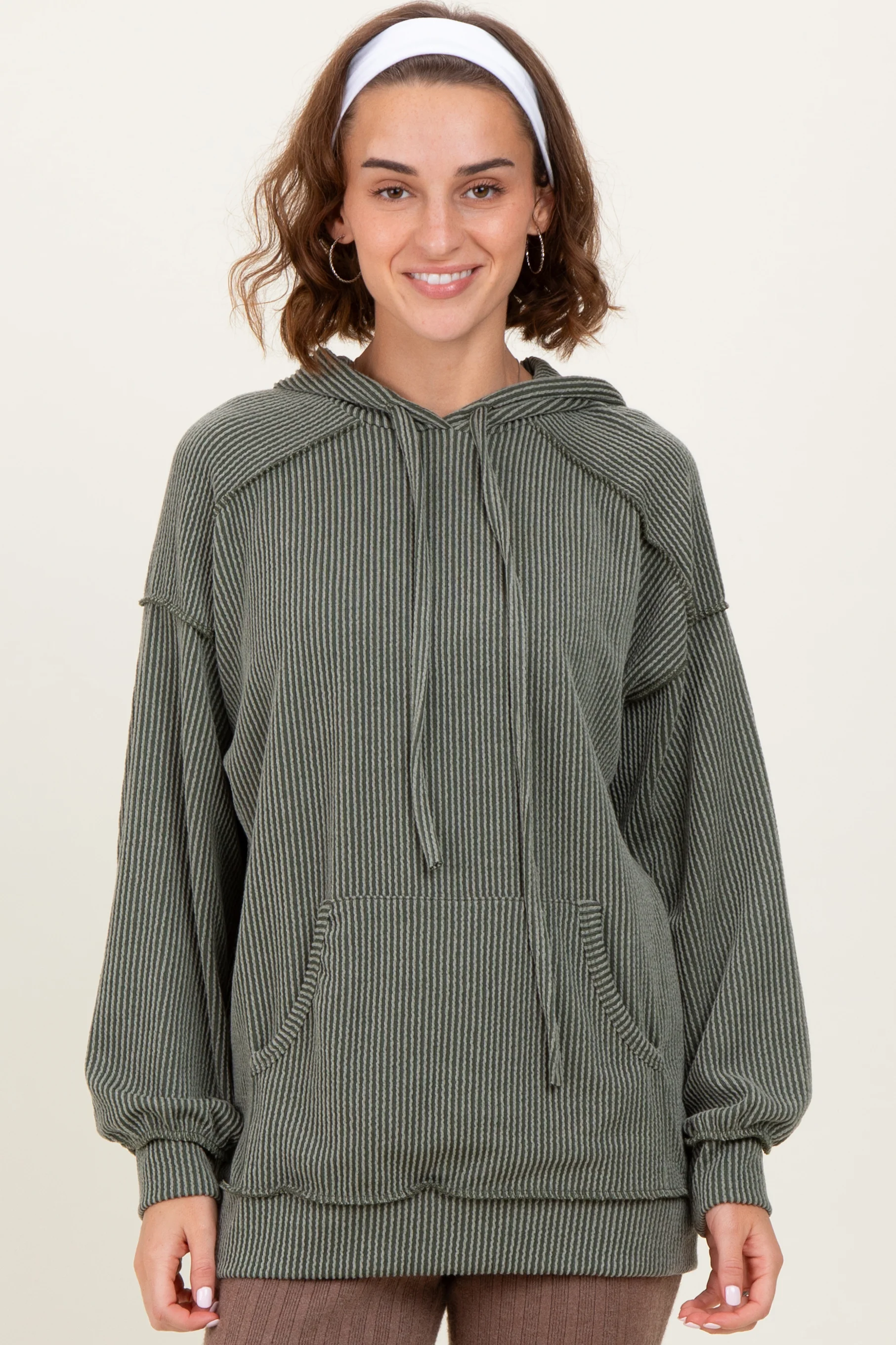 Olive Ribbed Front Pocket Maternity Drawstring Hoodie - Image 7