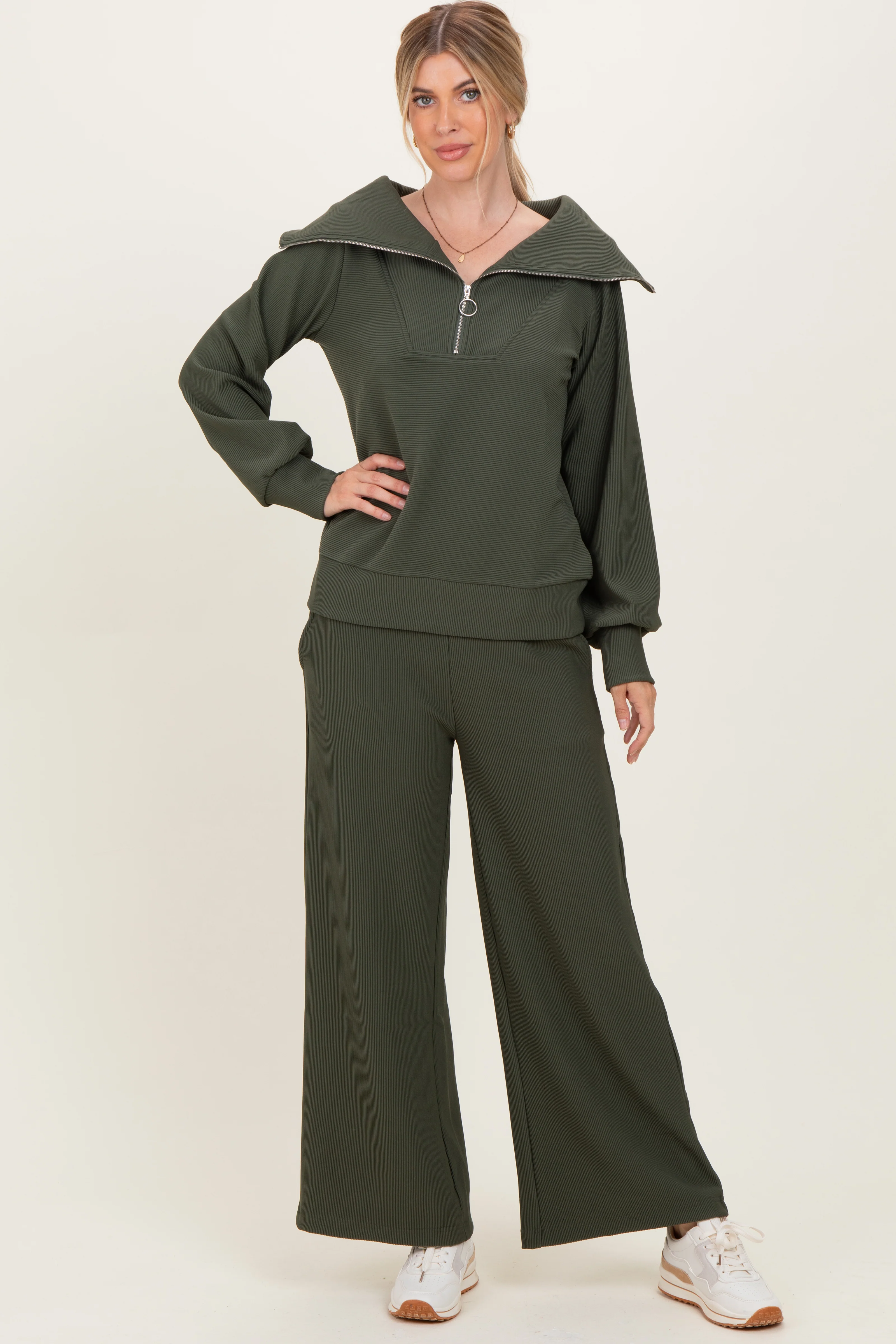 Olive Ribbed Half Zip Pullover Wide Leg Pant Set - Image 2