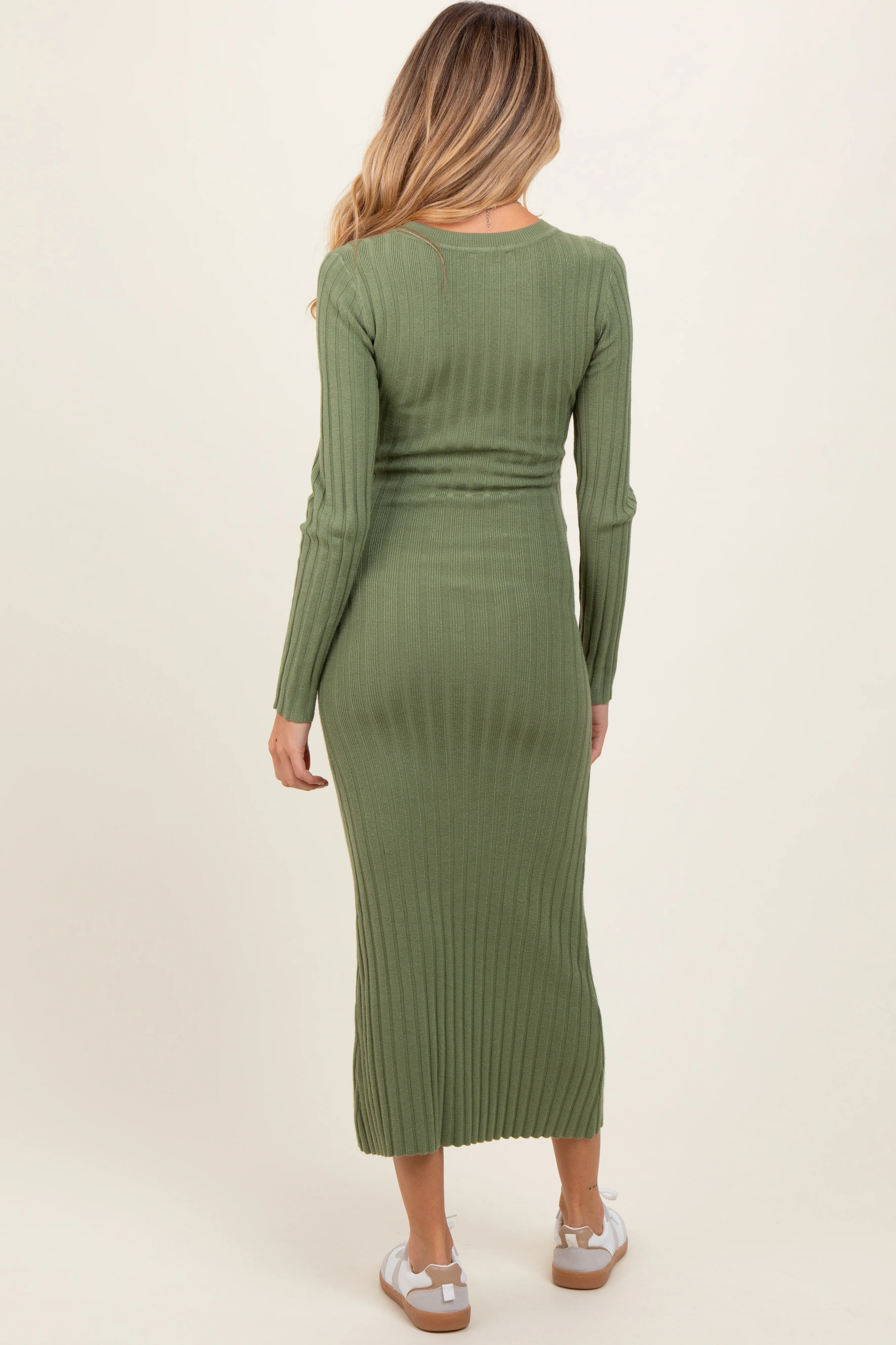 Olive Ribbed Knit Fitted Maternity Midi Sweater Dress - Image 4