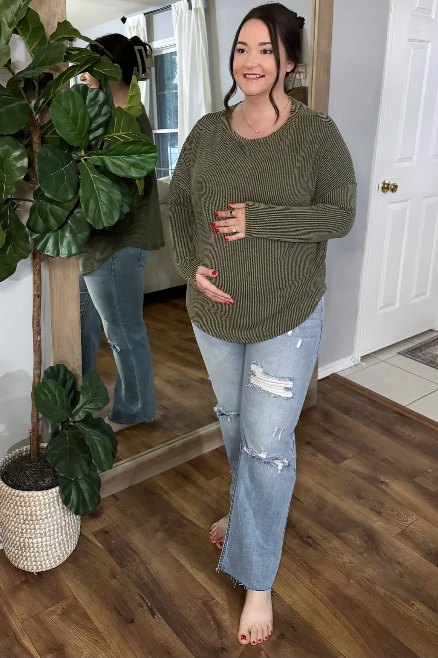 Olive Ribbed Knit Relaxed Fit Round Hem Maternity Top - Image 4