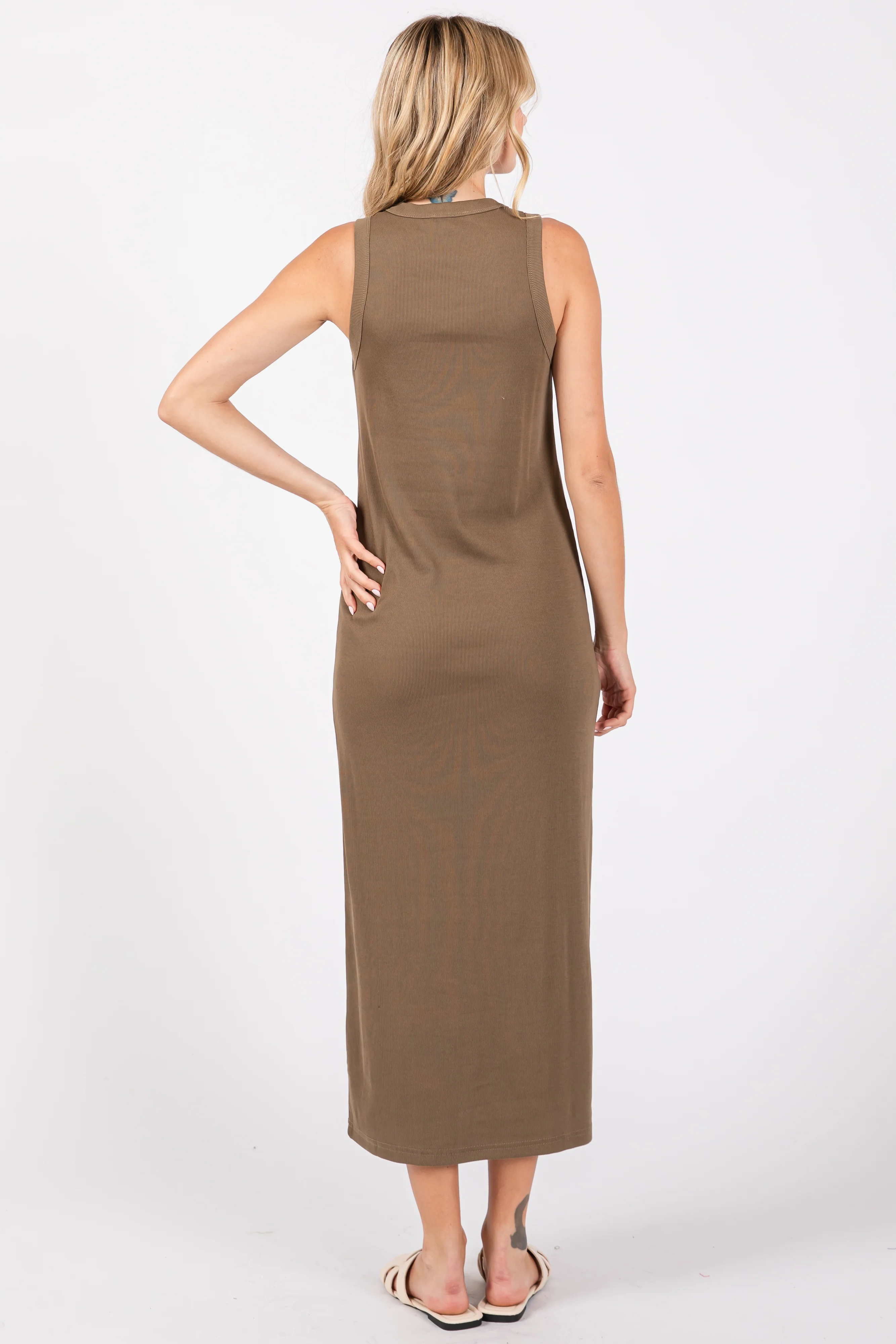 Olive Ribbed Knit Sleeveless Dress - Image 3