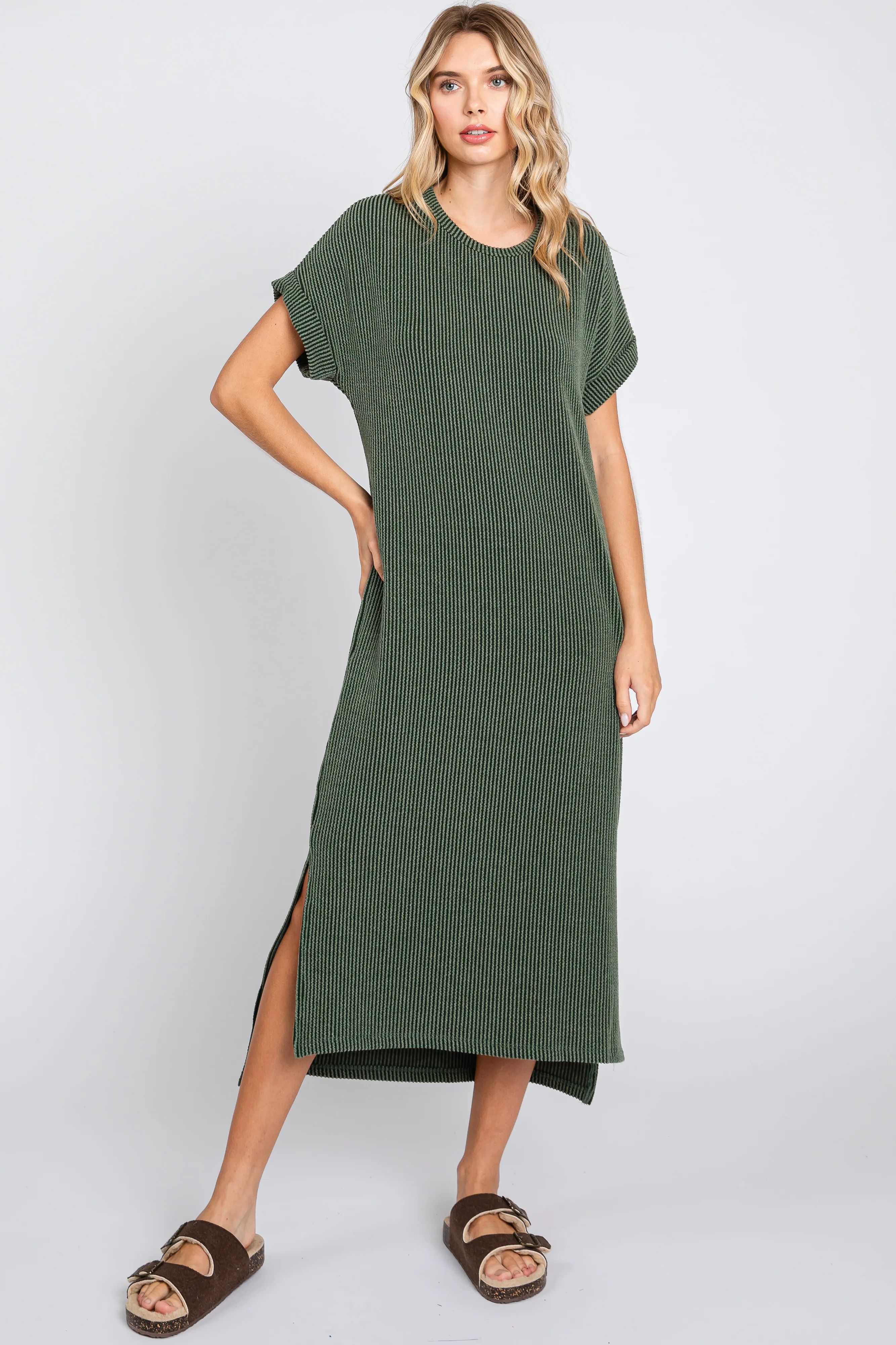 Olive Ribbed Short Sleeve Maternity Midi Dress - Image 5