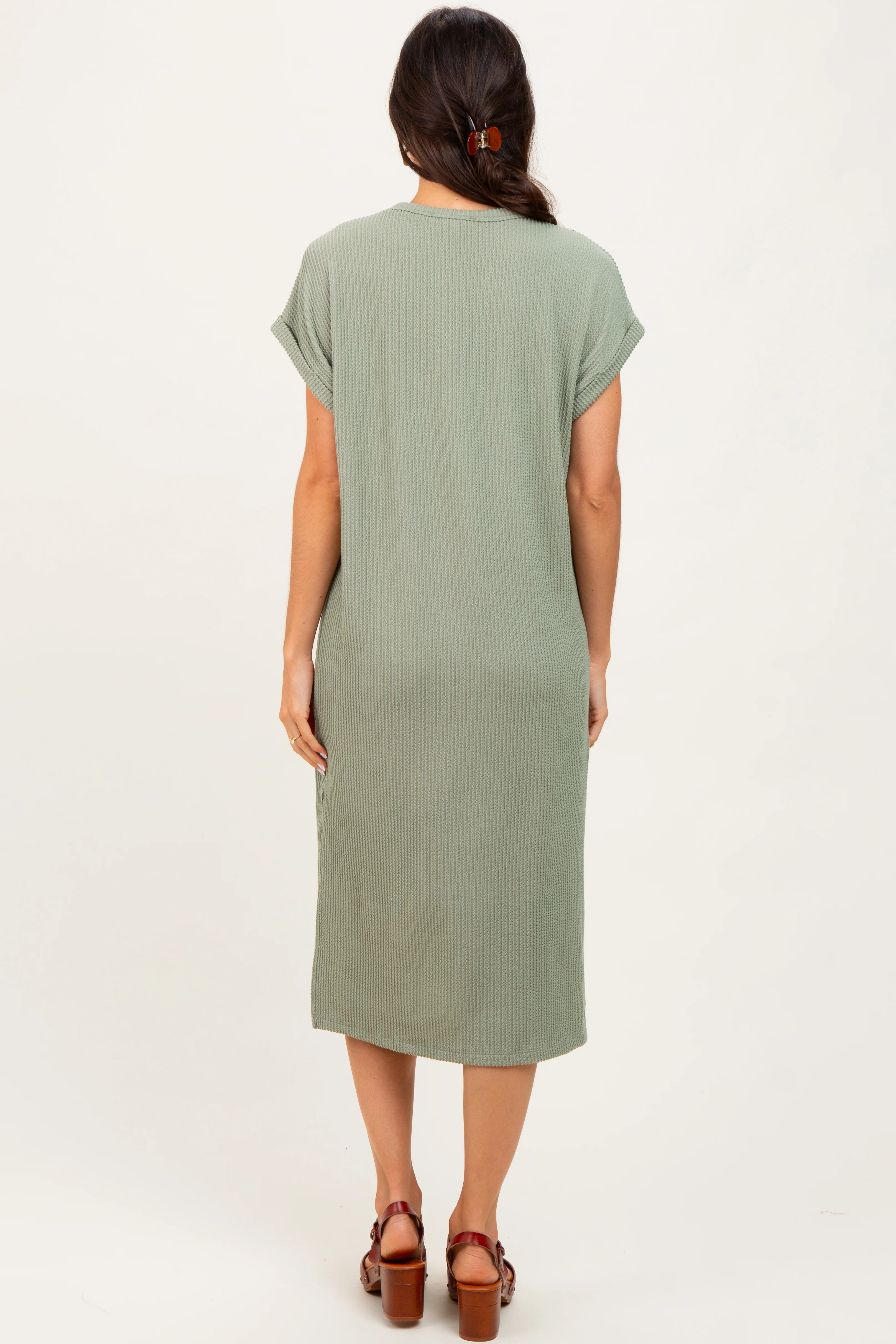 Olive Ribbed Short Sleeve Midi Dress - Image 4